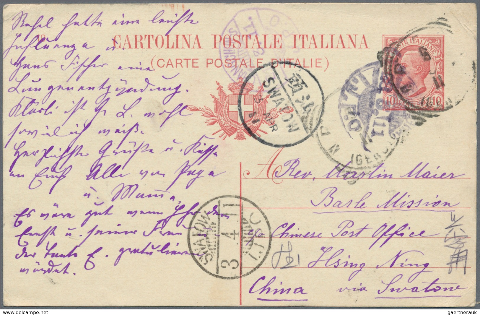 China - Incoming Mail: Italy To Kwantung Province Via Sibiria, 1911: Card From Basel Mission "PEGLI" - Sonstige & Ohne Zuordnung