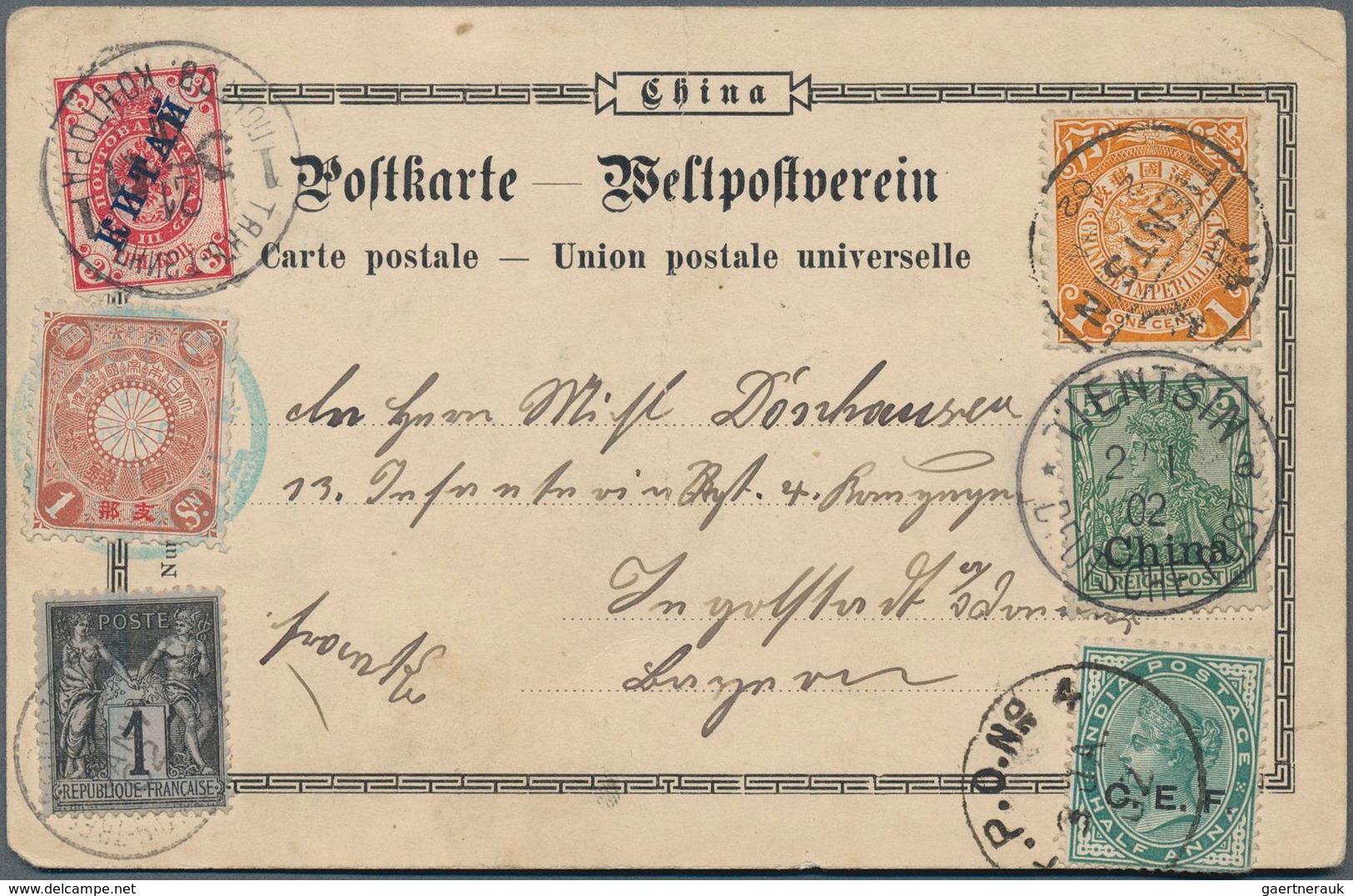 China - Besonderheiten: 1902, Picture Postcard Franked With Stamp From Six Foreign Post Offices In T - Autres & Non Classés