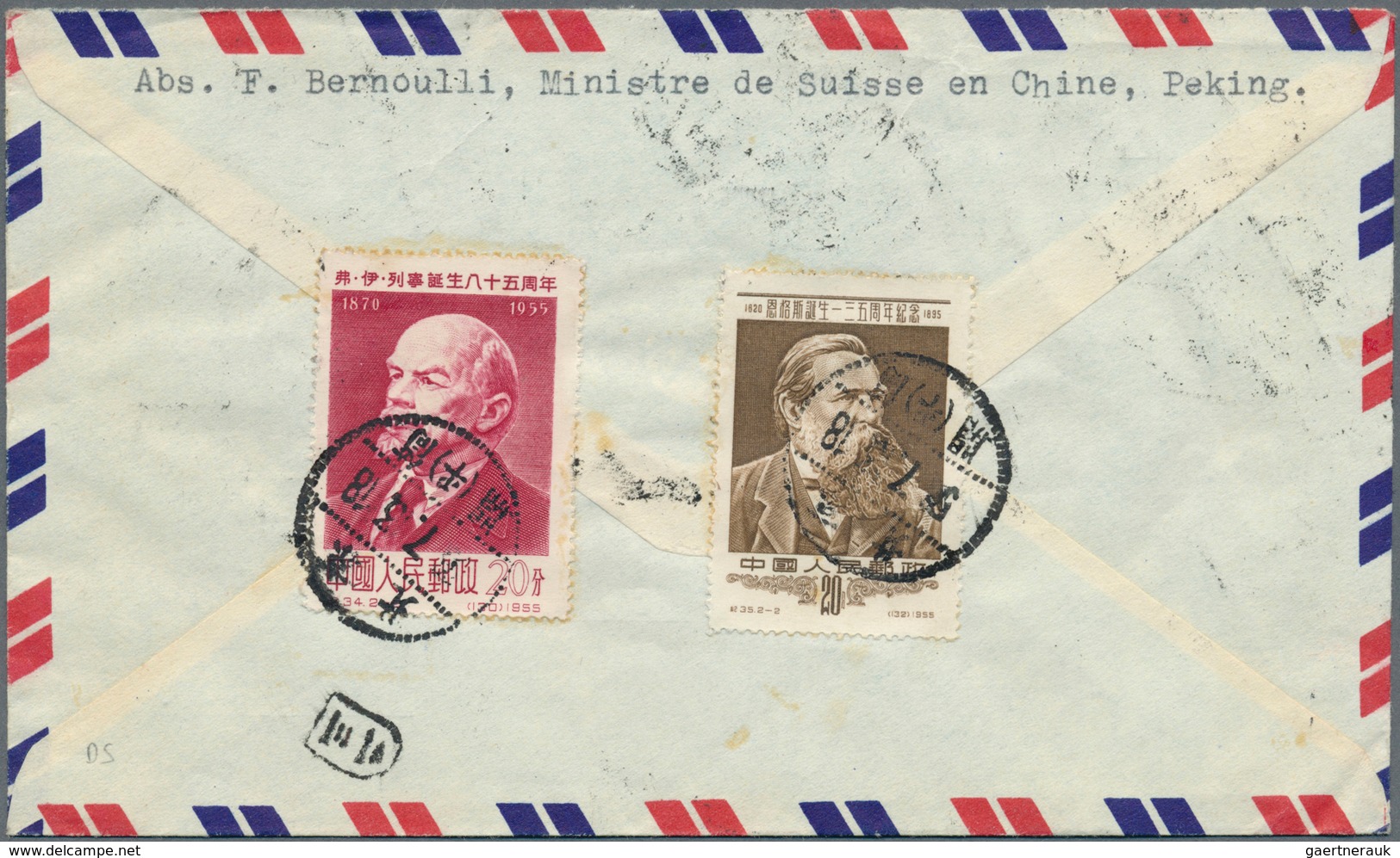 China - Volksrepublik: 1956, Air Mail Covers (2) To Berne/Switzerland (one Forwarded) With Attractiv - Autres & Non Classés