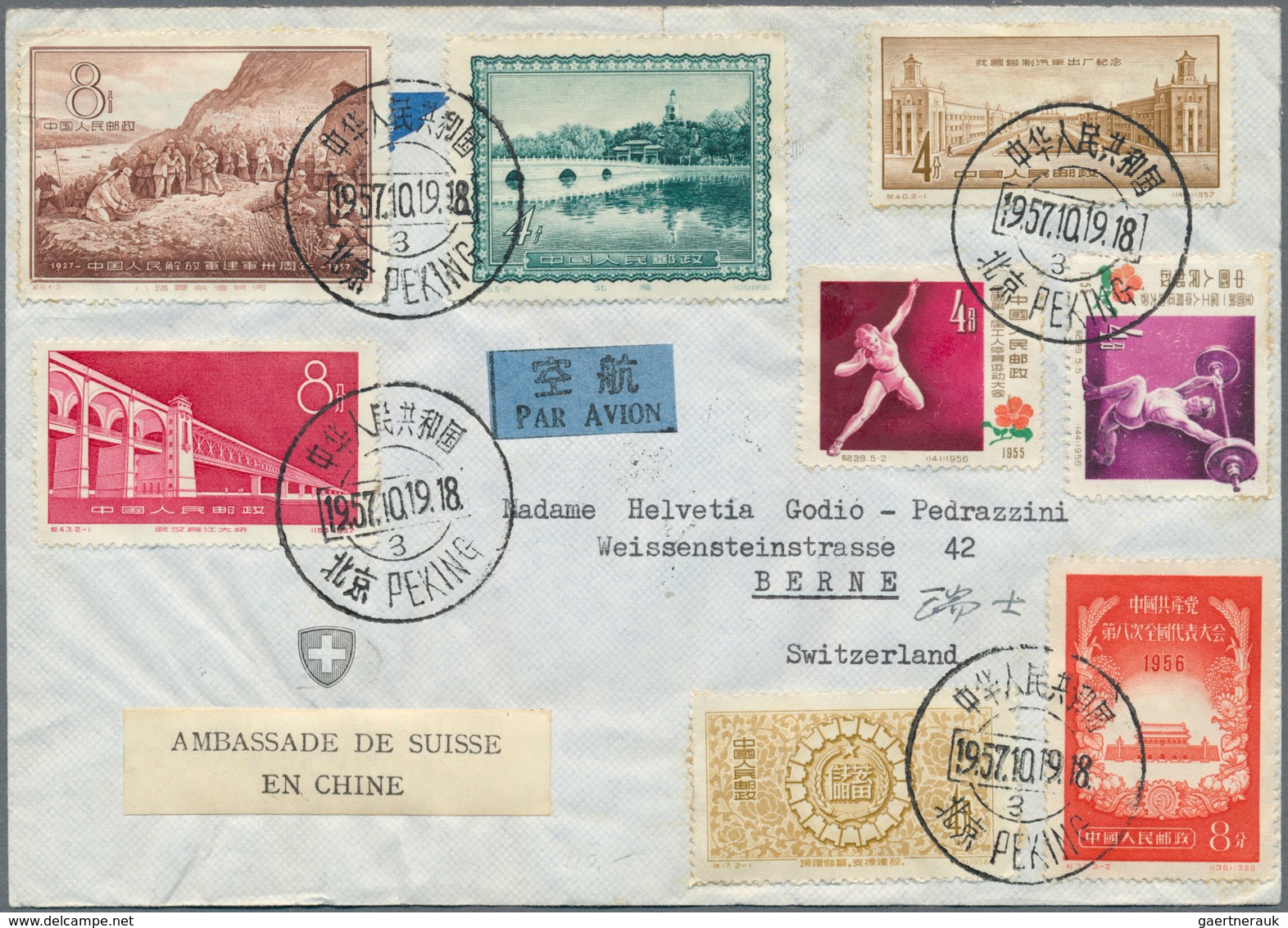 China - Volksrepublik: 1957, Swiss Embassy Official Imprint/label Covers By Air Mail (2) To Berne/Sw - Sonstige & Ohne Zuordnung