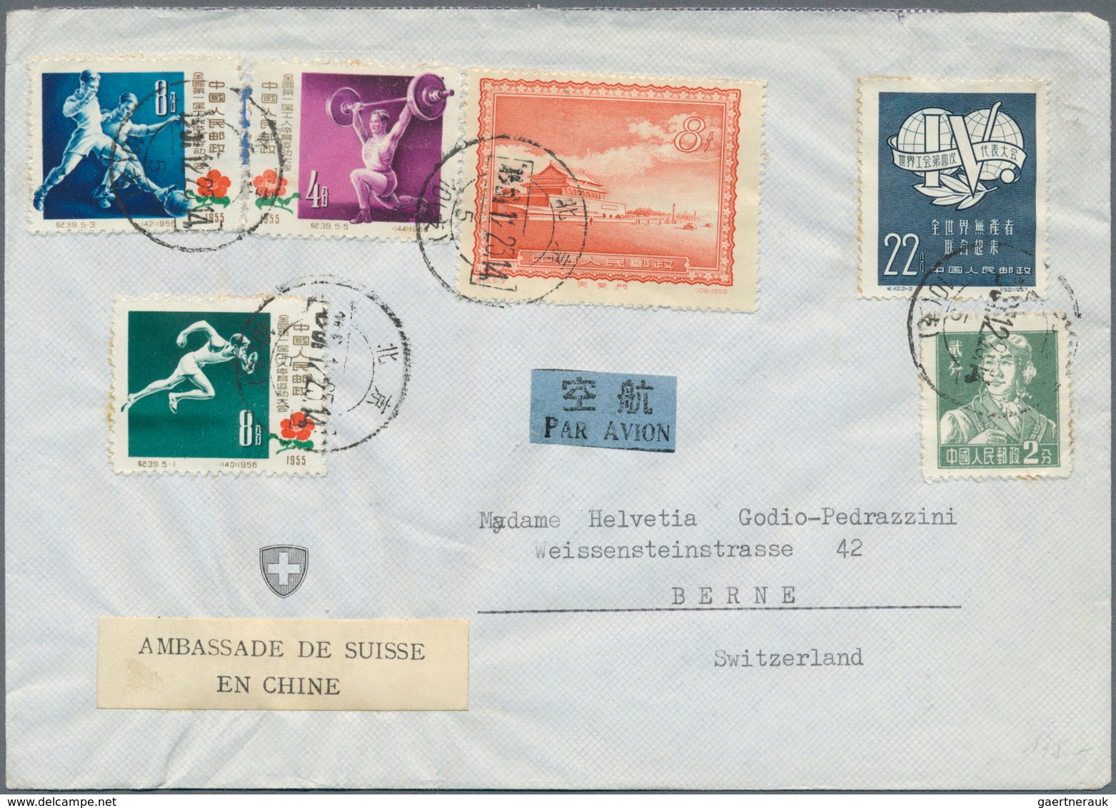 China - Volksrepublik: 1957, Swiss Embassy Official Imprint/label Covers By Air Mail (2) To Berne/Sw - Sonstige & Ohne Zuordnung