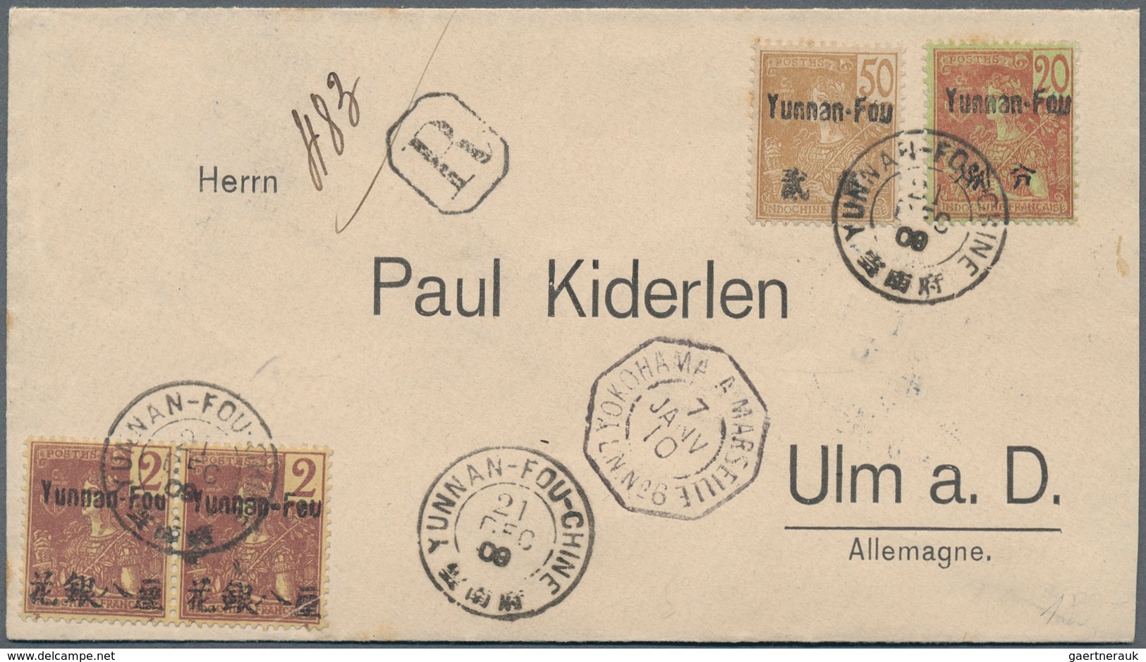 Französisch-Indochina - Postämter In Südchina: 1908, Yunnan-Fou: 2 C. (pair, One Corner Cease), 20 C - Sonstige & Ohne Zuordnung