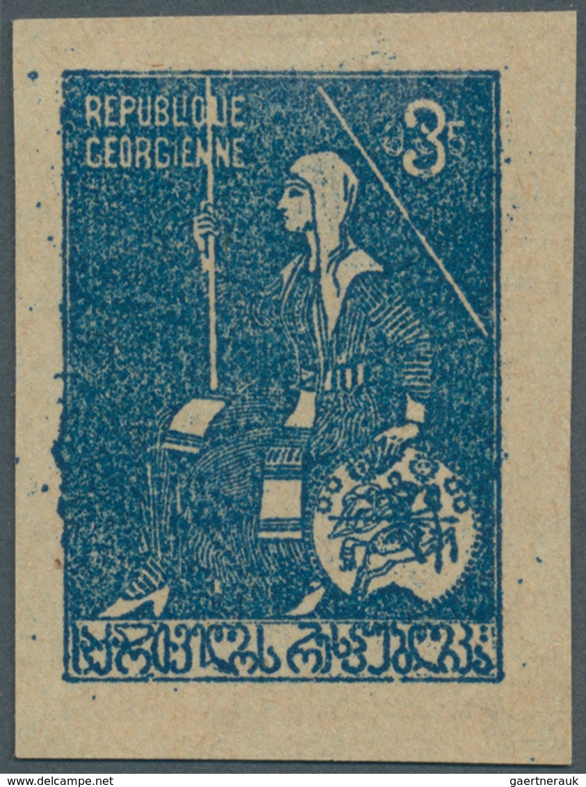Georgien: 1919, Proof 3 R. Czarina Tamera In Blue, Imperforated, On Reverse 2 R. Brown, Very Scarce - Géorgie