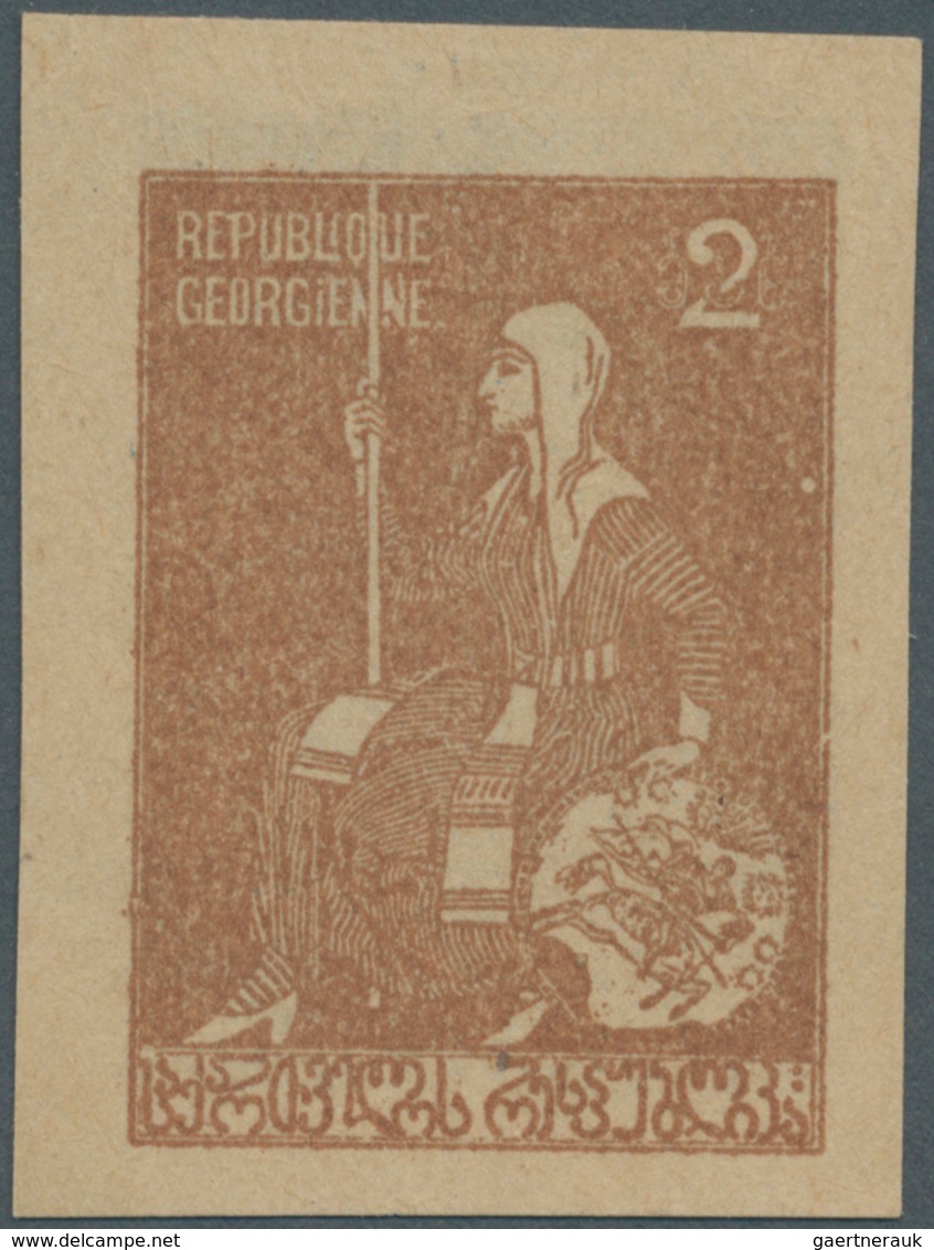 Georgien: 1919, Proof 3 R. Czarina Tamera In Blue, Imperforated, On Reverse 2 R. Brown, Very Scarce - Géorgie