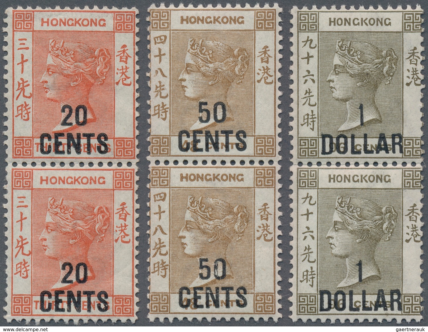 Hongkong: 1885, Vertical Pairs Of 20c. On 30c. Orange-red, 50c. On 48c. Yellowish Brown And $1 On 96 - Autres & Non Classés