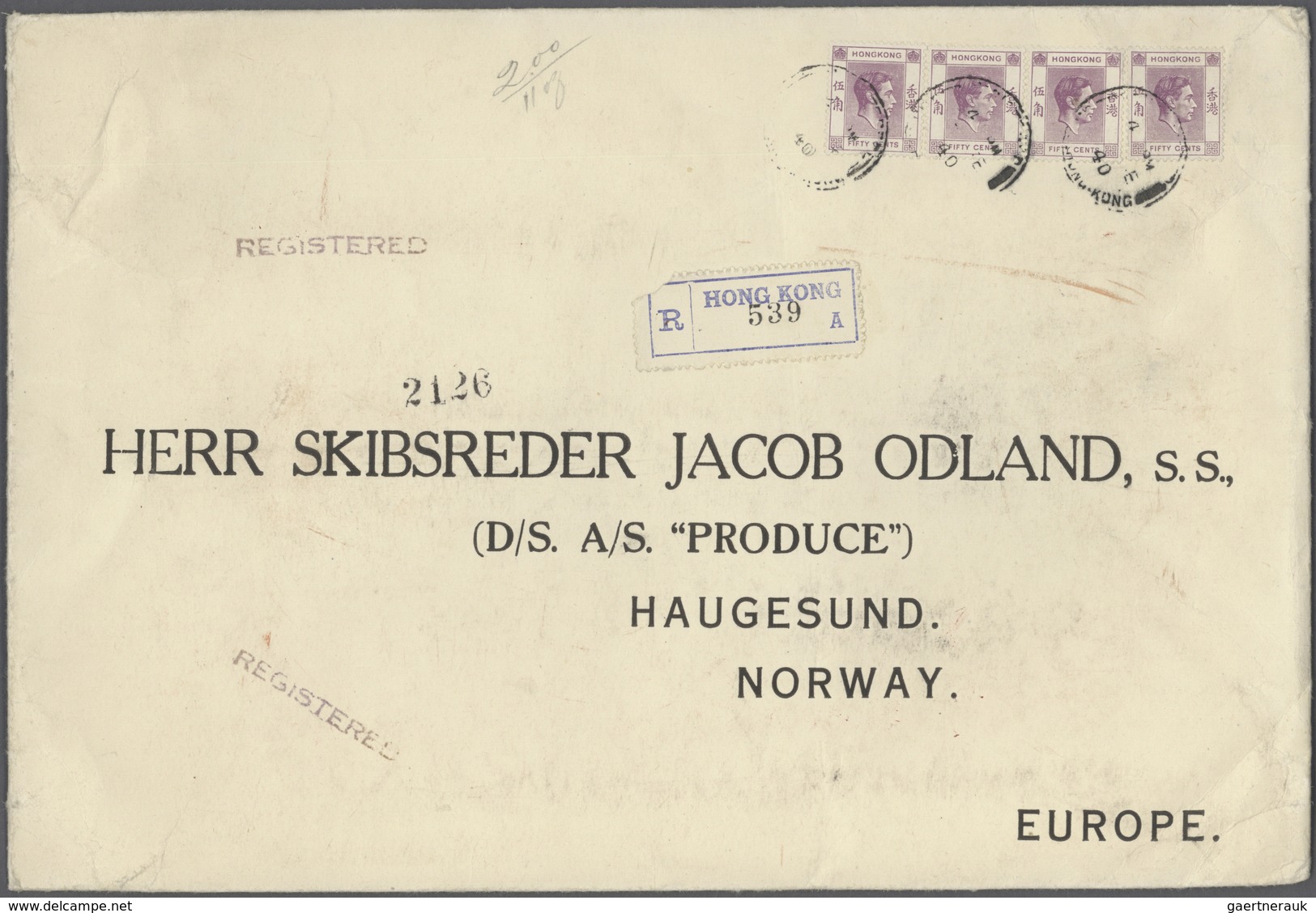 Hongkong: 1940, KGVI 50 C. Three Larger-size (274x188mm) Registered Covers To Norway Inc. Pure Multi - Sonstige & Ohne Zuordnung