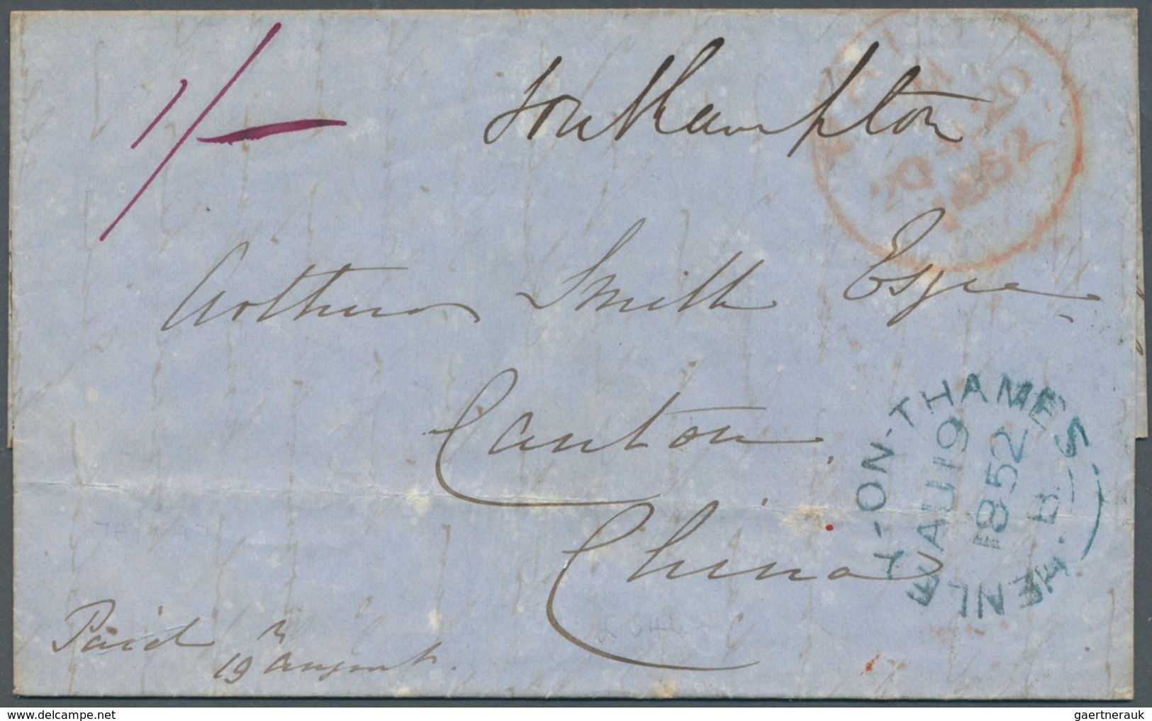 Hongkong - Treaty Ports: 1852. Stampless Envelope Written From 'Woodcote, Henley' Dated 'Au 19 1852' - Autres & Non Classés