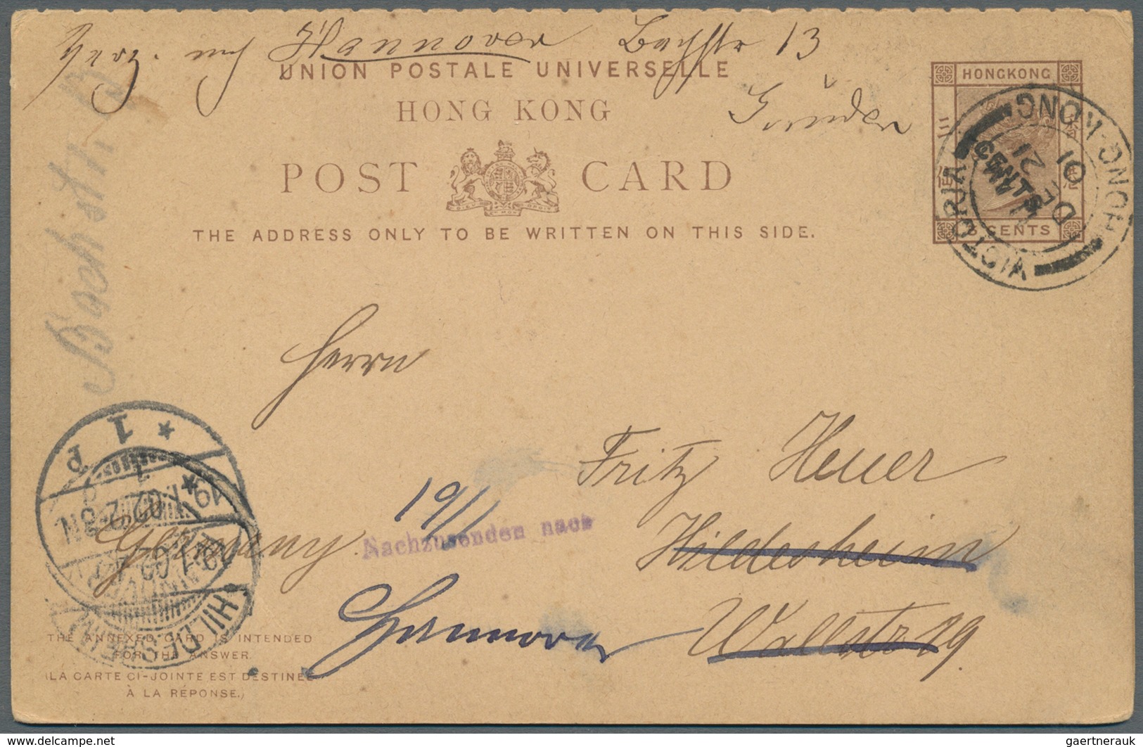 Hongkong - Ganzsachen: 1901, UPU Reply Card QV 4 C./3 C+4 C./3 C., Surcharge Running NW-SE, Canc. "V - Entiers Postaux