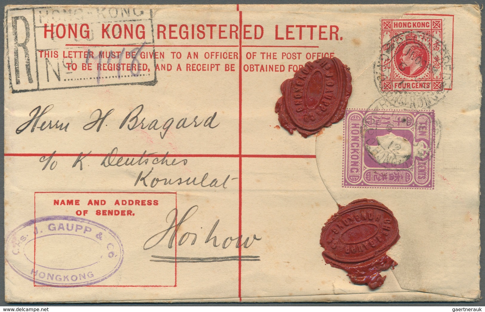 Hongkong - Ganzsachen: 1912, Registration Envelope KEVII 10 C. Uprated KEVII 4 C. Canc. "REGISTERED - Entiers Postaux