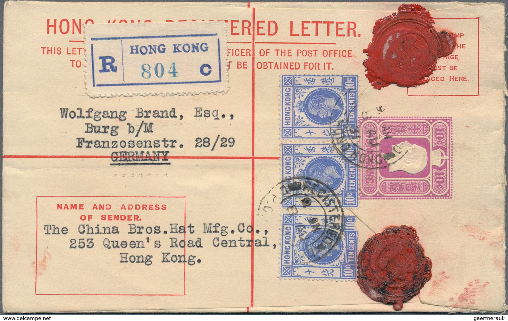 Hongkong - Ganzsachen: 1931, Registration Envelope KGV 10 C. Uprated KGV 10 C. (3) Tied "REGISTERED - Ganzsachen