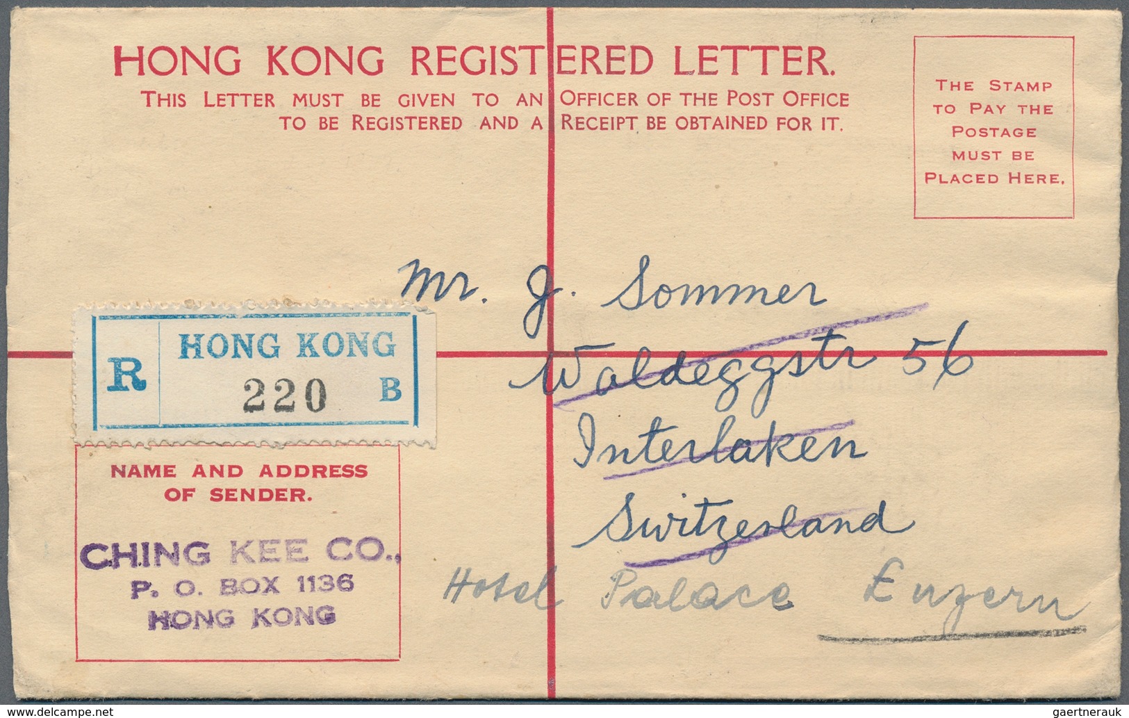 Hongkong - Besonderheiten: 1940 (ca.), Registratioon Envelope KGVI 25 C. Size G With On Reverse Extr - Autres & Non Classés