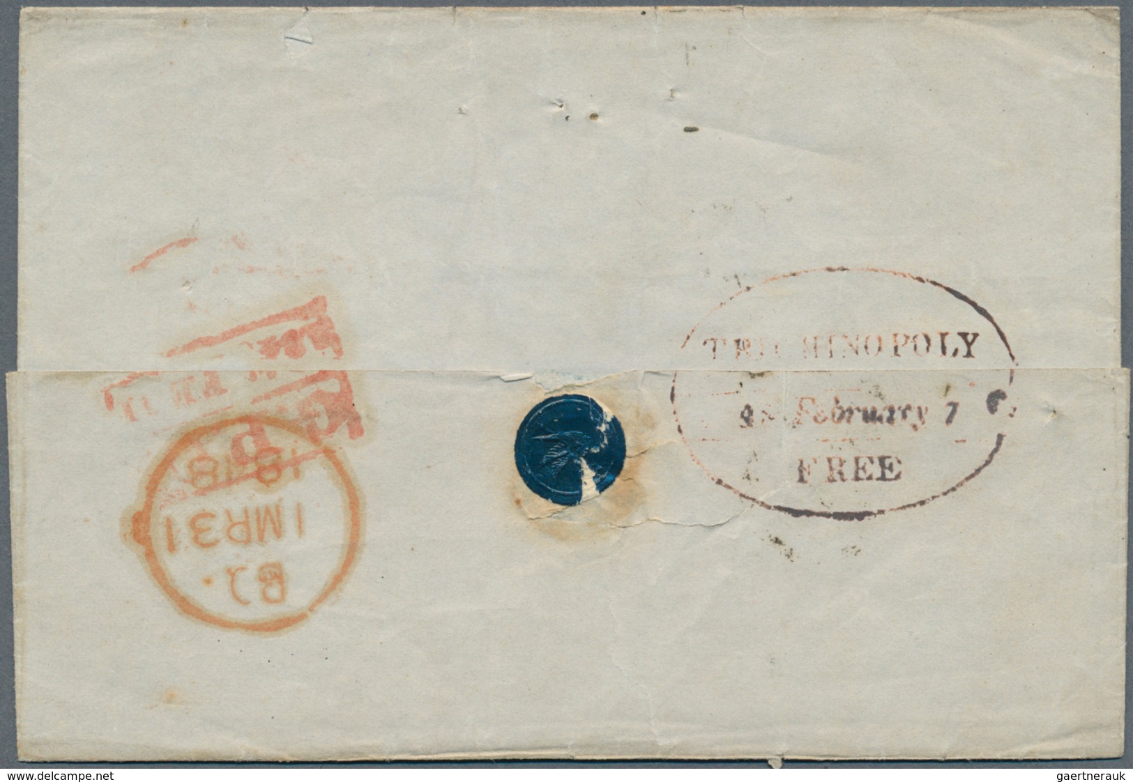 Indien - Vorphilatelie: 1848: Oval Datestamp "TRICHINOPOLY/1848 FEBRUARY 7/FREE" In Red (Giles No.13 - ...-1852 Vorphilatelie