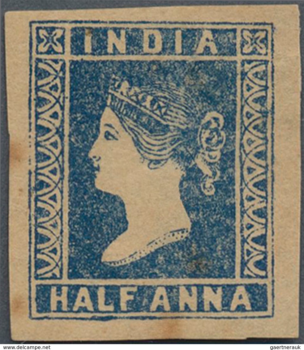 Indien: 1854 Lithographed ½a. Deep Blue, With Chignon Retouched, Also Showing Part Of Wavy Frameline - 1852 District De Scinde