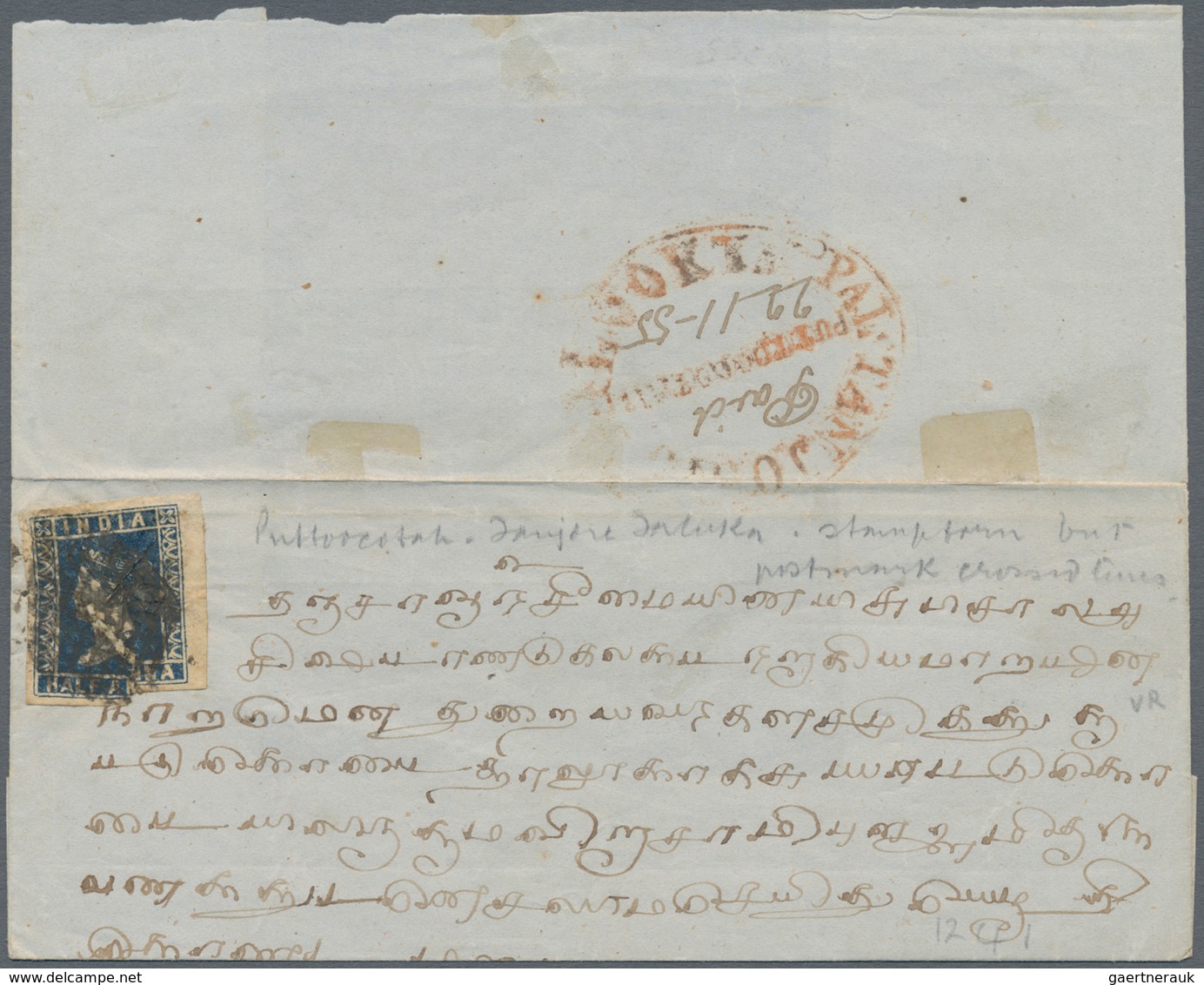 Indien: 1855 District Post Puttoocotah: Folded Cover Franke By 1854 ½a. Deep Blue, Die I, Wide Margi - 1852 Sind Province