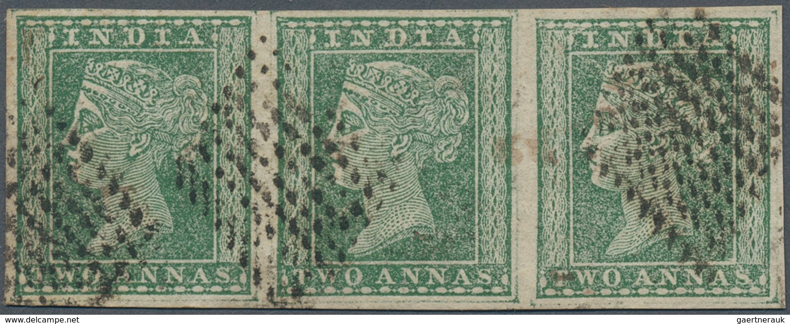 Indien: 1854 2a. Green Horizontal Strip Of Three, With Small Parts Of Outer Framelines, Used And Can - 1852 Provinz Von Sind