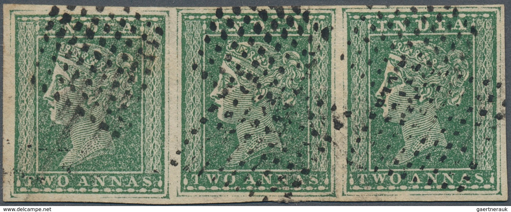 Indien: 1854 2a. Deep Green Horizontal Strip Of Three, With Large Parts Of Outer Framelines, Used An - 1852 Provinz Von Sind