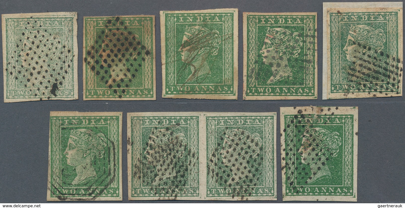 Indien: 1854 2a. Green, Group Of 7 Used Singles And A Pair, Various Shades And Cancellations, All Wi - 1852 Provinz Von Sind