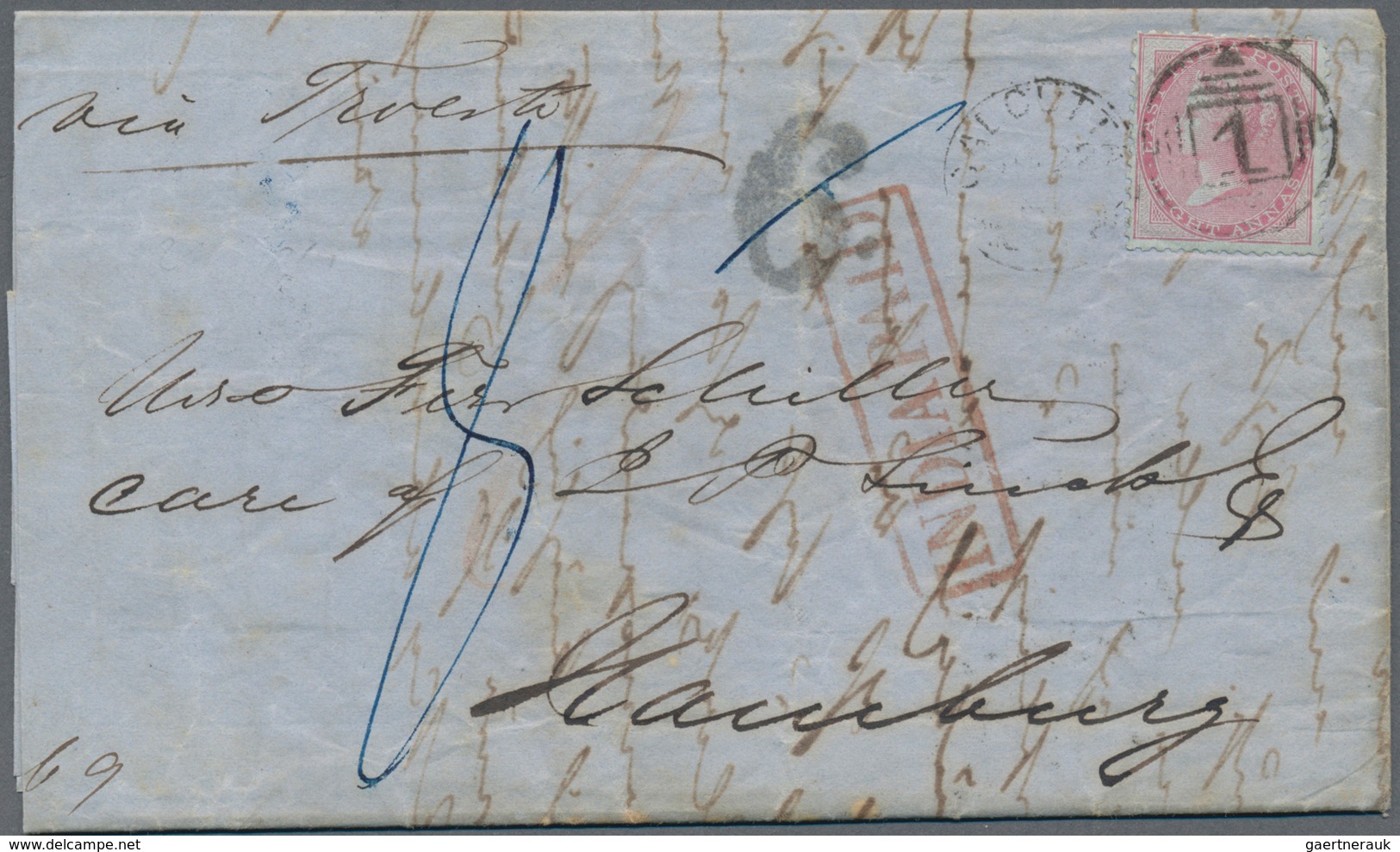 Indien: 1861 Forwarded Letter From Calcutta To Ferdinand Schiller In HAMBURG, Germany Via Trieste, " - 1852 District De Scinde