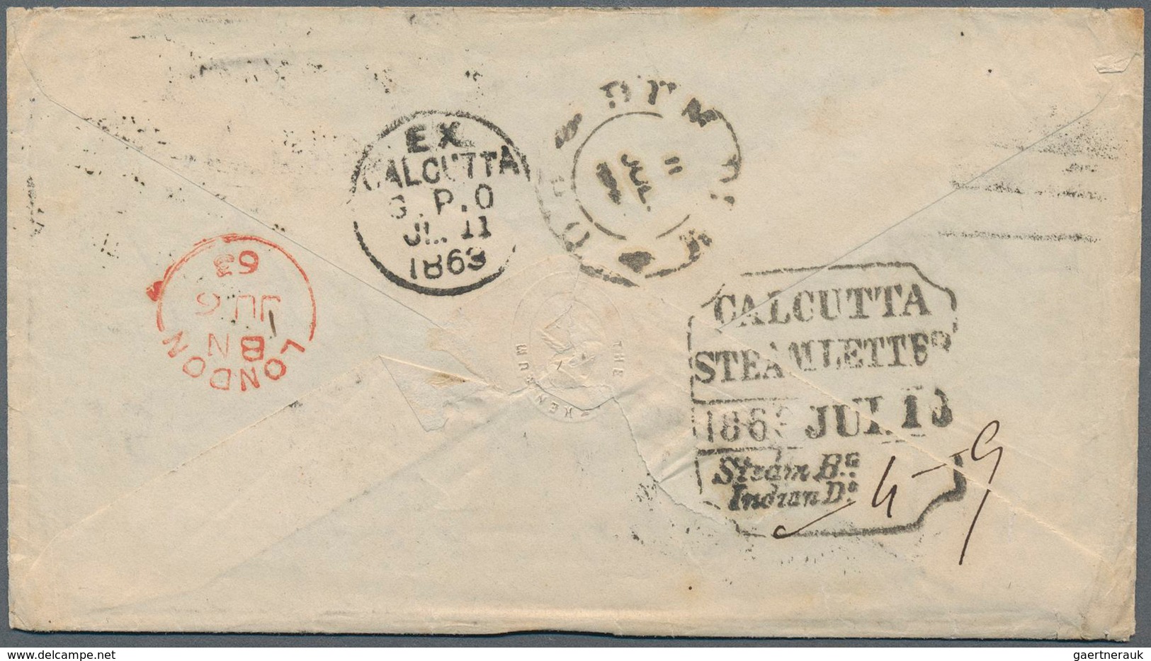 Indien: 1863 "CALCUTTA/STEAMLETTER/1863 JUL 10/Steam Bg./Indian Do." Framed Ship Letter Receipt Date - 1852 Sind Province
