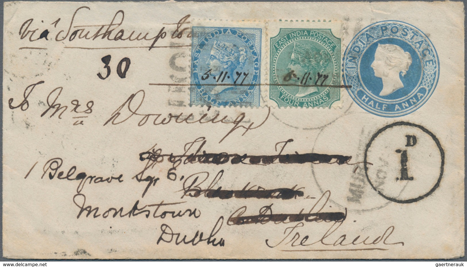 Indien: 1877 Postal Stationery Envelope ½a. Blue Upgraded ½a. Blue And 1866 4a. Green, Die I, All Ti - 1852 Sind Province