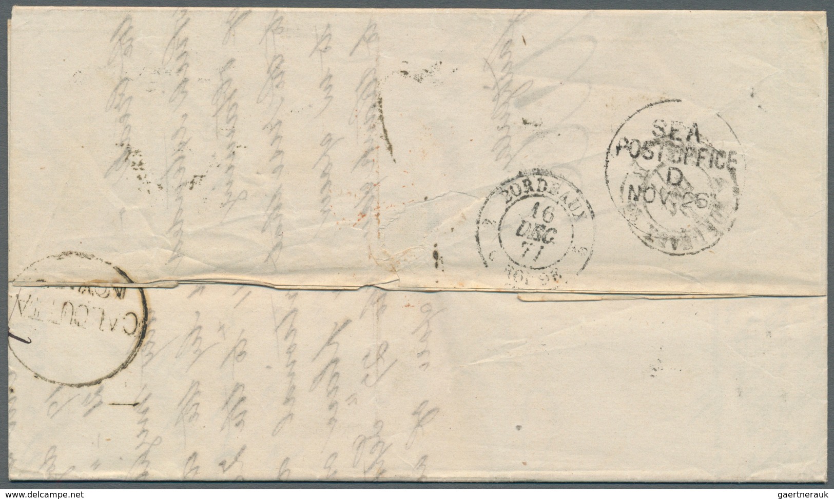 Indien: 1877. Stampless Envelope Written From Calcutta Dated '23rd Nov 1877' Addressed To France Can - 1852 Sind Province