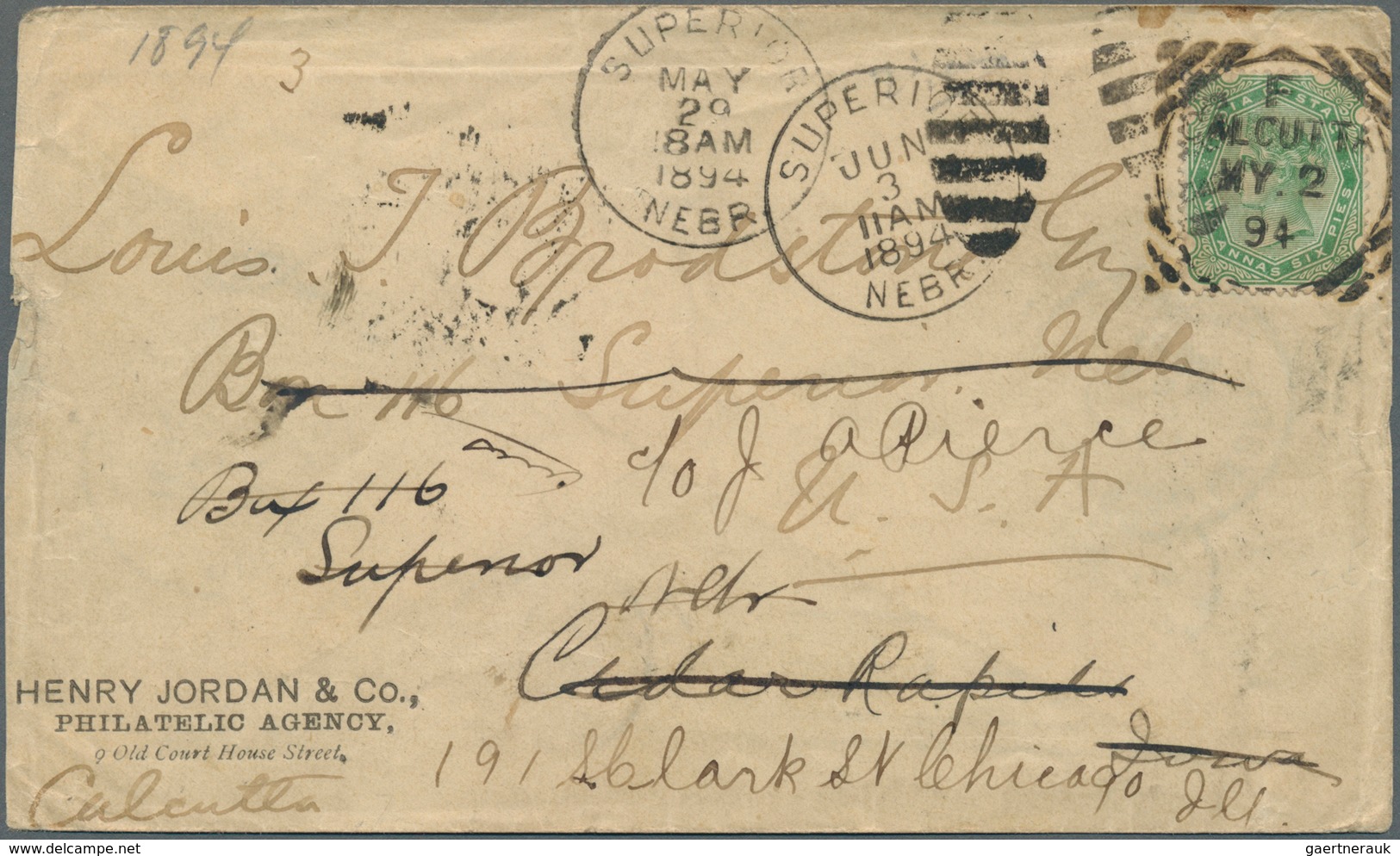Indien: 1887-1902: Four covers and postal stationery items from India to the U.S.A. and one cover (1