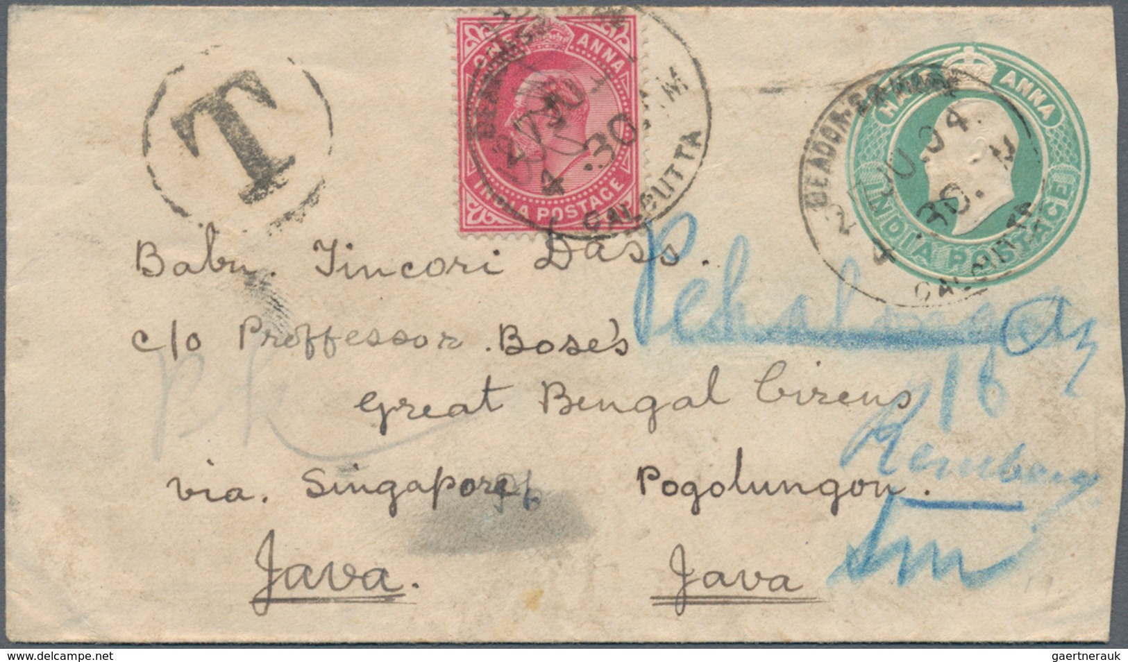 Indien: 1904 Destination JAVA: KEVII. Postal Stationery Envelope ½a. Green Used From Calcutta To Pek - 1852 District De Scinde