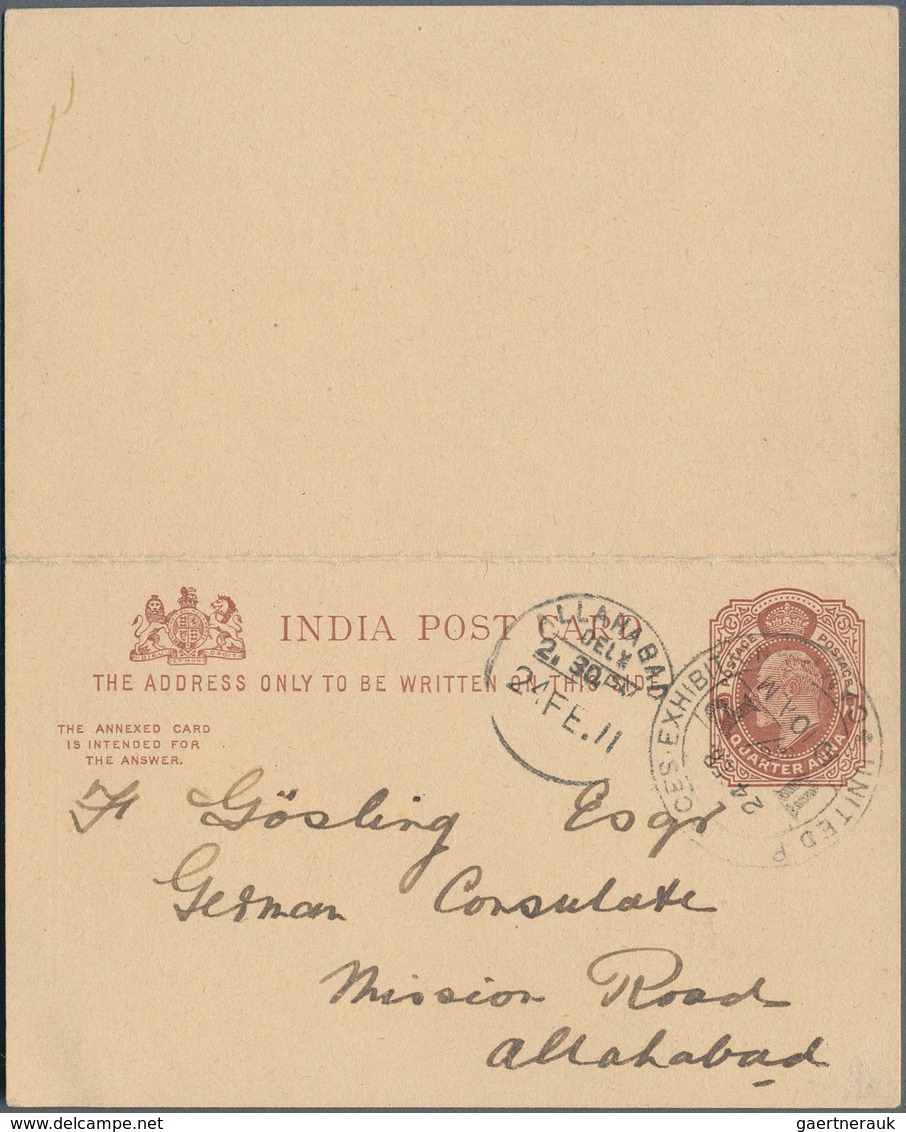 Indien: 1910-11 "UNITED PROVINCES EXHIBITION" Printed Postal Stationery Double Card KEVII. ¼a+¼a Wit - 1852 District De Scinde