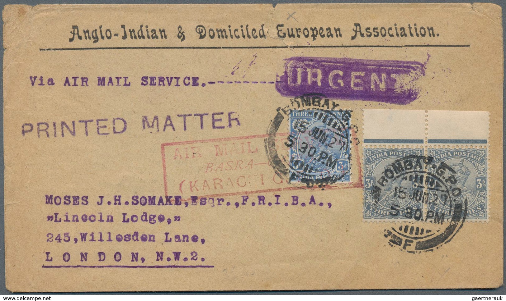 Indien: 1911-22 KGV. 3p. Slate Top Marginal Pair, Left Hand Stamp Showing Variety "Rs" Flaw, Used Al - 1852 Provinz Von Sind