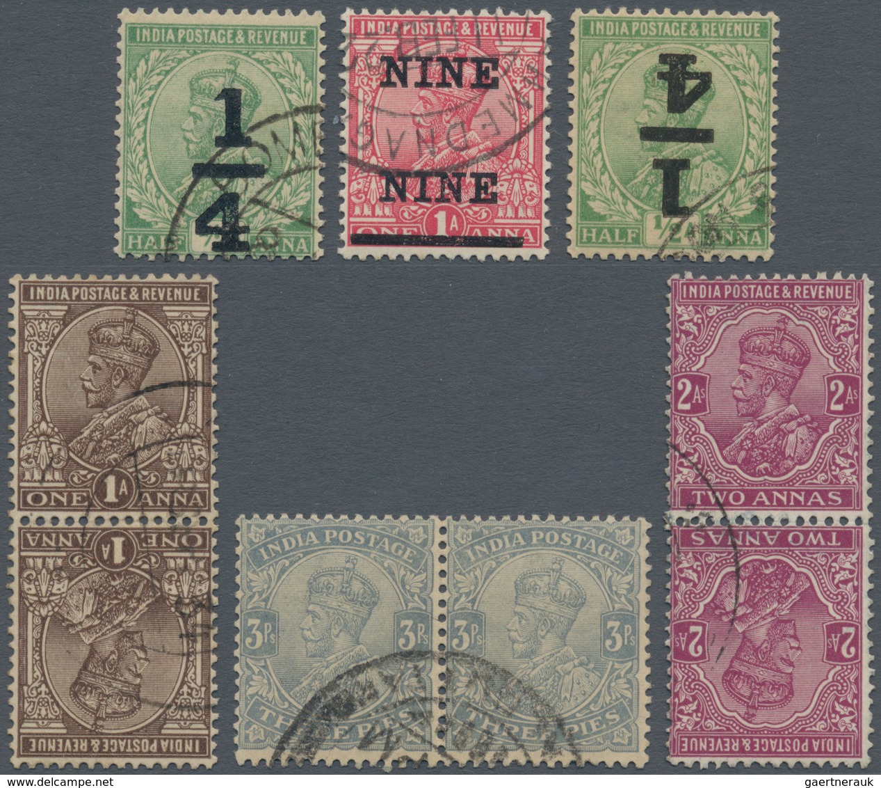 Indien: 1911-33 Six Varieties, With 1921 "NINE NINE" Ovpt. Error On 9p. On 1a., 1911 3p. Grey With " - 1852 Sind Province