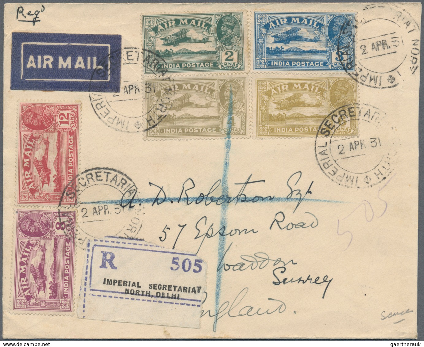 Indien: 1929 AIR Complete Set Of Six Used On 1931 Registered Airmail Cover From Delhi To England, Ti - 1852 District De Scinde