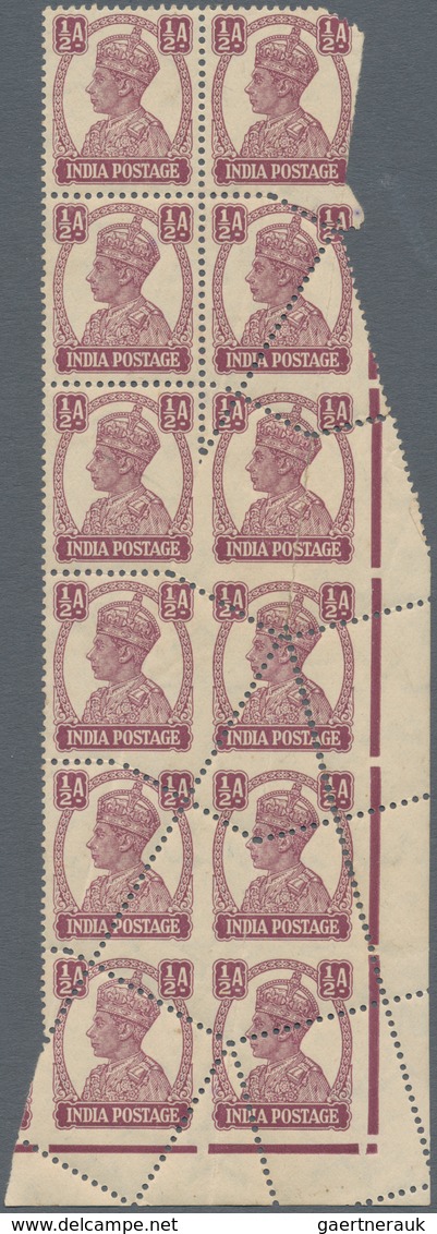 Indien: 1940-43 KGVI. ½a. Purple Vertical Bottom Right Corner Block Of 12, DOUBLY MISPERFORATED Due - 1852 District De Scinde