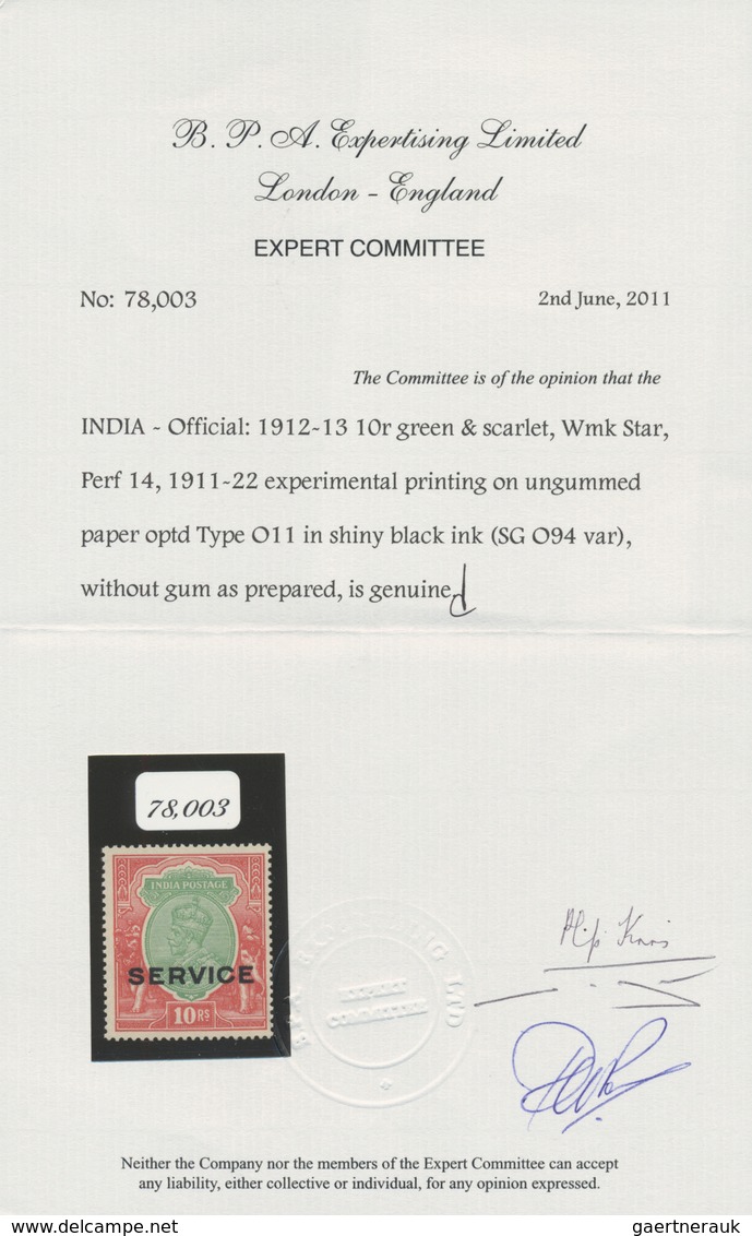 Indien - Dienstmarken: 1912-13 KGV. Official 10r. Green & Scarlet, Wmk Star, 1911-22 EXPERIMENTAL PR - Dienstmarken
