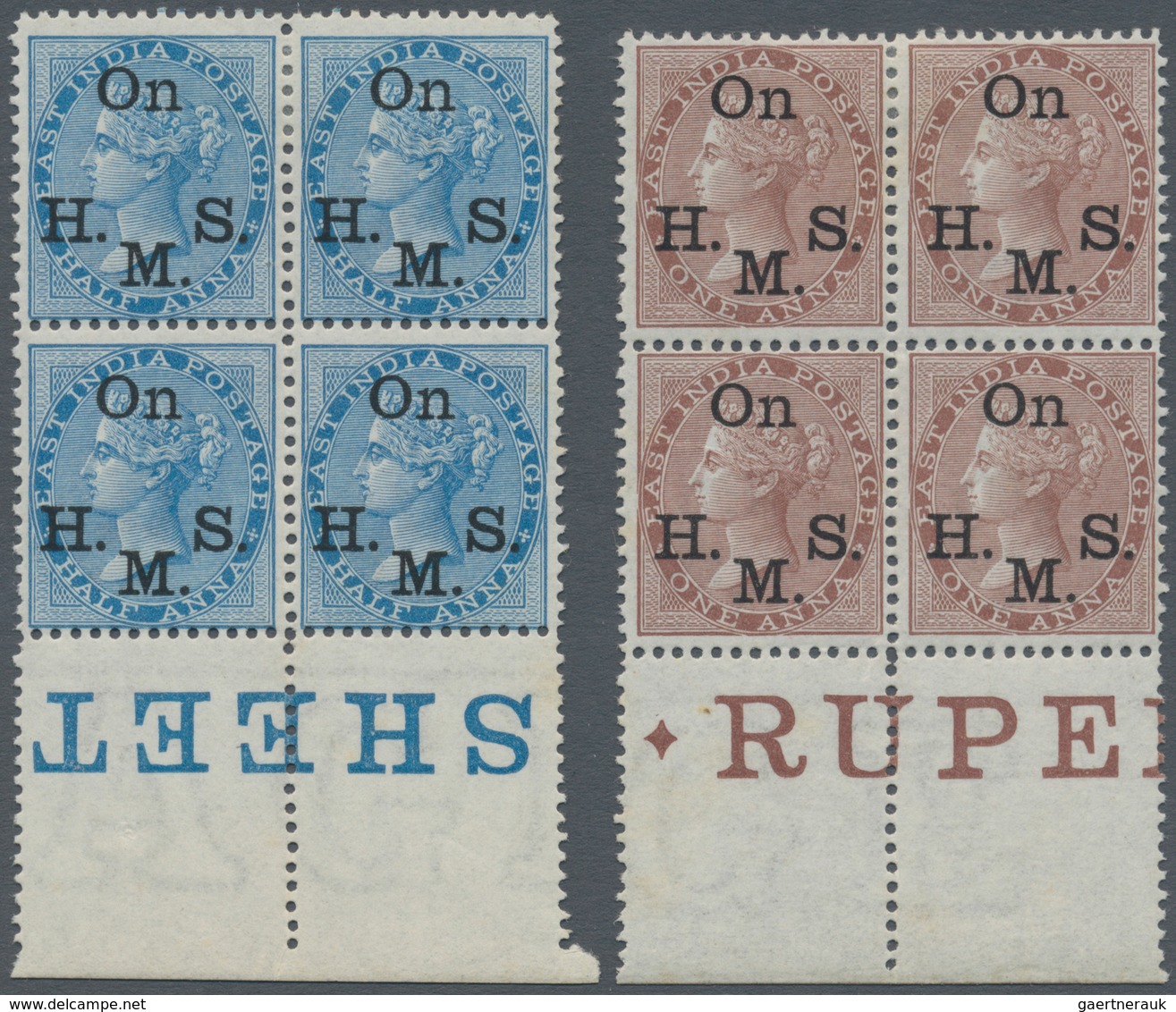 Indien - Dienstmarken: 1974-82 Complete Set Of Five Bottom Marginal Blocks Of Four, Optd. "On H.M.S. - Timbres De Service