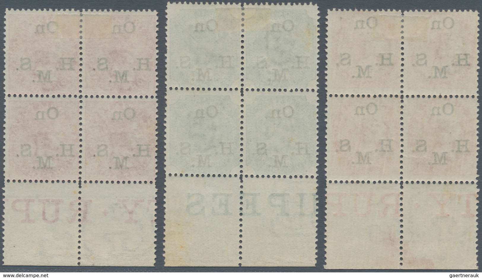 Indien - Dienstmarken: 1974-82 Complete Set Of Five Bottom Marginal Blocks Of Four, Optd. "On H.M.S. - Dienstmarken