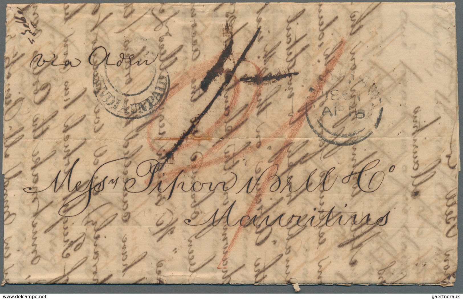 Indien - Stempel: 1861, Folded Letter From MANCHESTER Via Aden To Mauritius Bearing Half "moon" Canc - Sonstige & Ohne Zuordnung