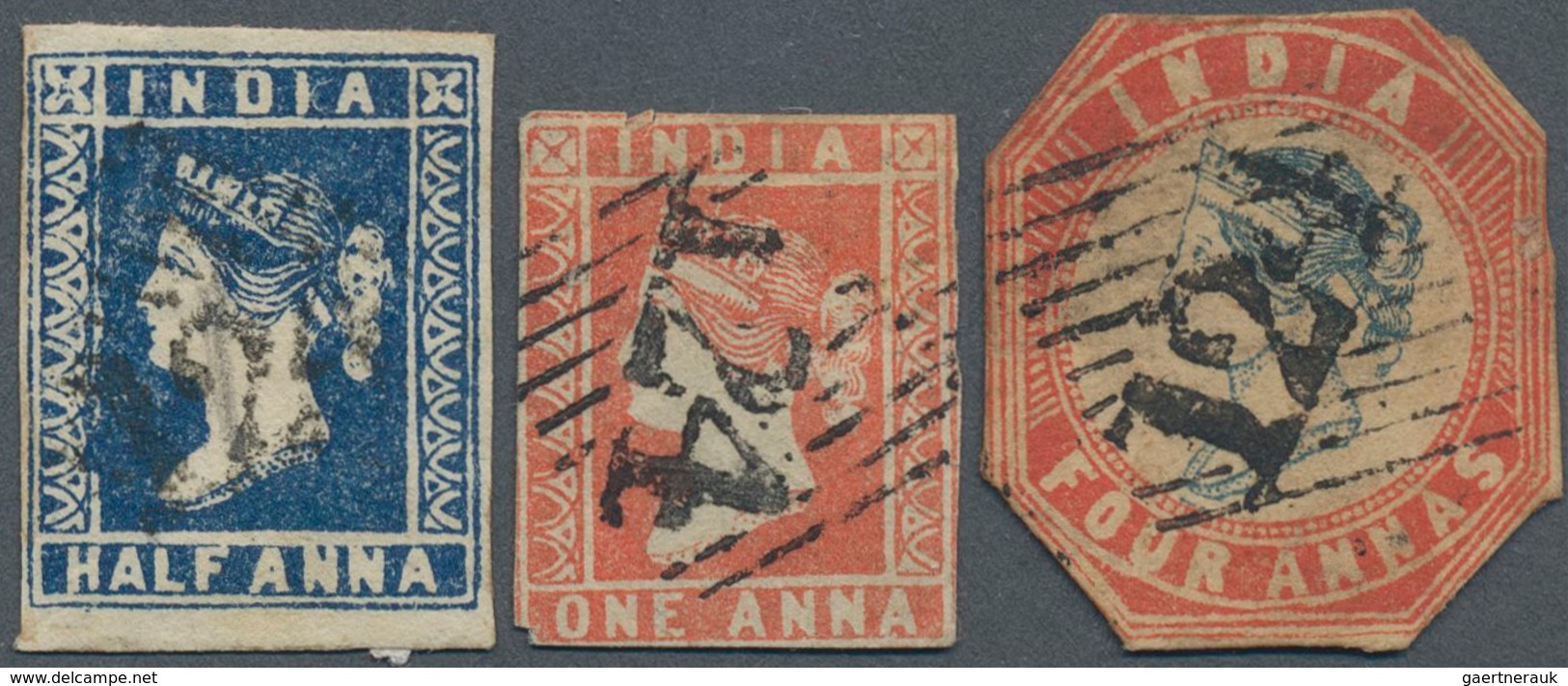Indien - Used Abroad: ADEN 1854-55: Three Lithographed Stamps Of India Used In ADEN, With ½a. Blue, - Autres & Non Classés