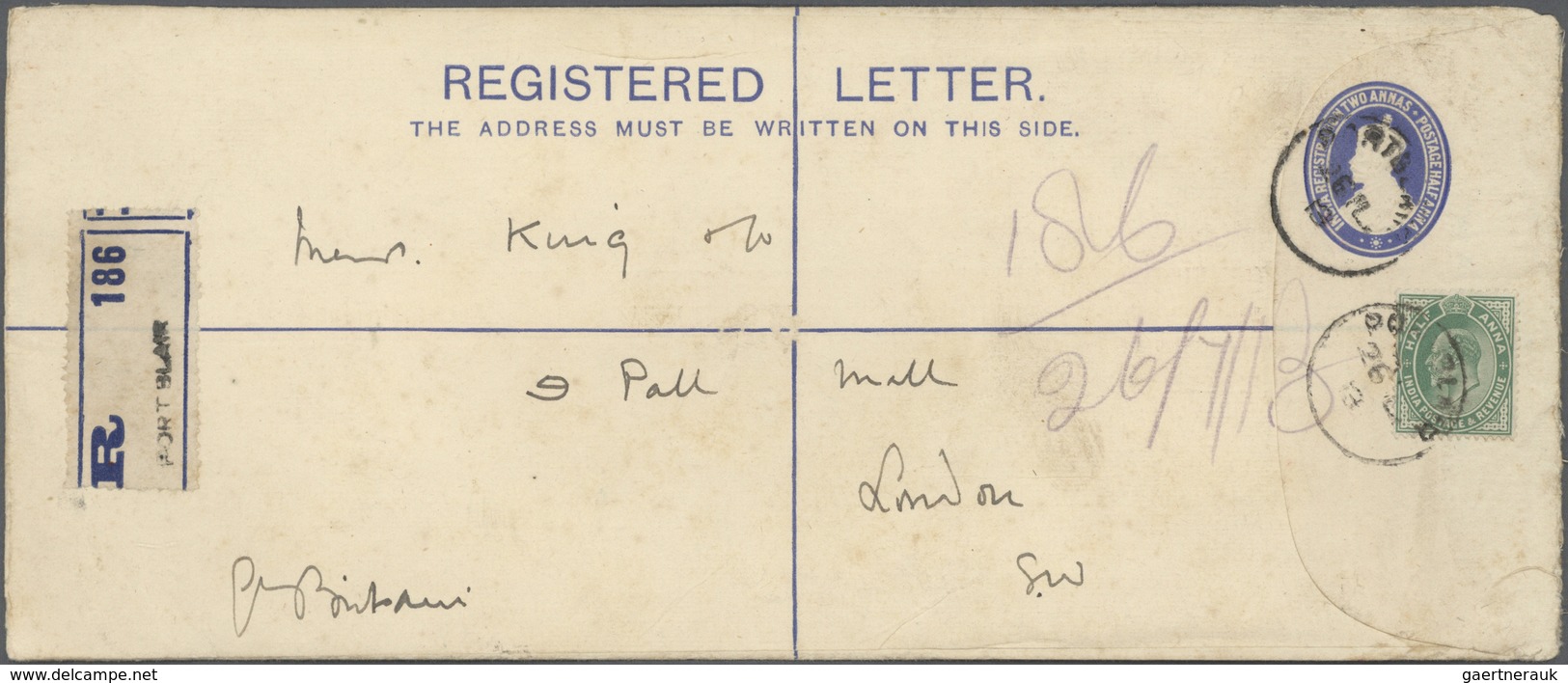 Indien - Used Abroad: ANDAMAN & NICOBAR ISLANDS 1913: Indian Large-size Postal Stationery Registered - Sonstige & Ohne Zuordnung