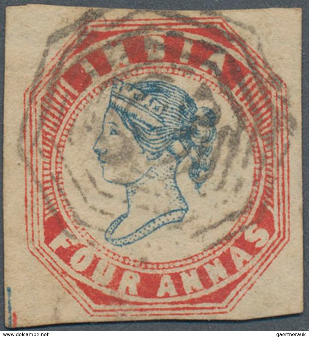 Indien - Used Abroad: BURMA 1854-55: Lithographed 4a. Blue & Red From 4th Printing, Sheet Pos. 10 Wi - Autres & Non Classés