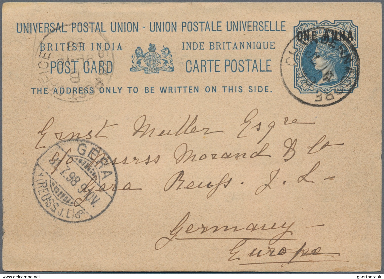 Indien - Used Abroad: 1898 CHANDERNAGORE, FRENCH INDIA: Indian Postal Stationery Card 1a. On 1½a. Bl - Autres & Non Classés