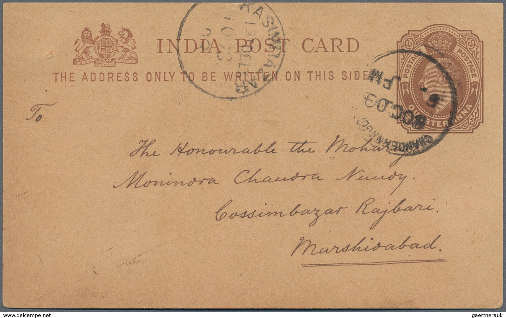 Indien - Used Abroad: 1903 CHANDERNAGORE, FRENCH INDIA: Indian Postal Stationery Card KEVII. ¼a. Bro - Autres & Non Classés
