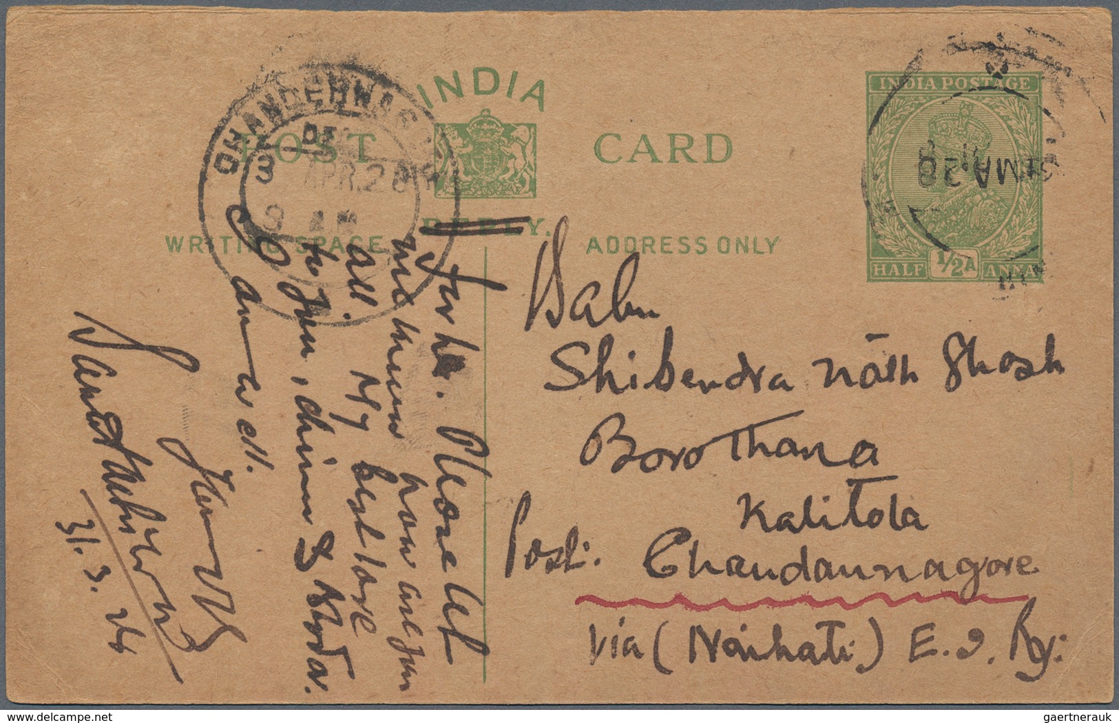 Indien - Used Abroad: 1926/1928 CHANDERNAGORE, FRENCH INDIA: Two Indian Postal Stationery Cards KGV. - Autres & Non Classés