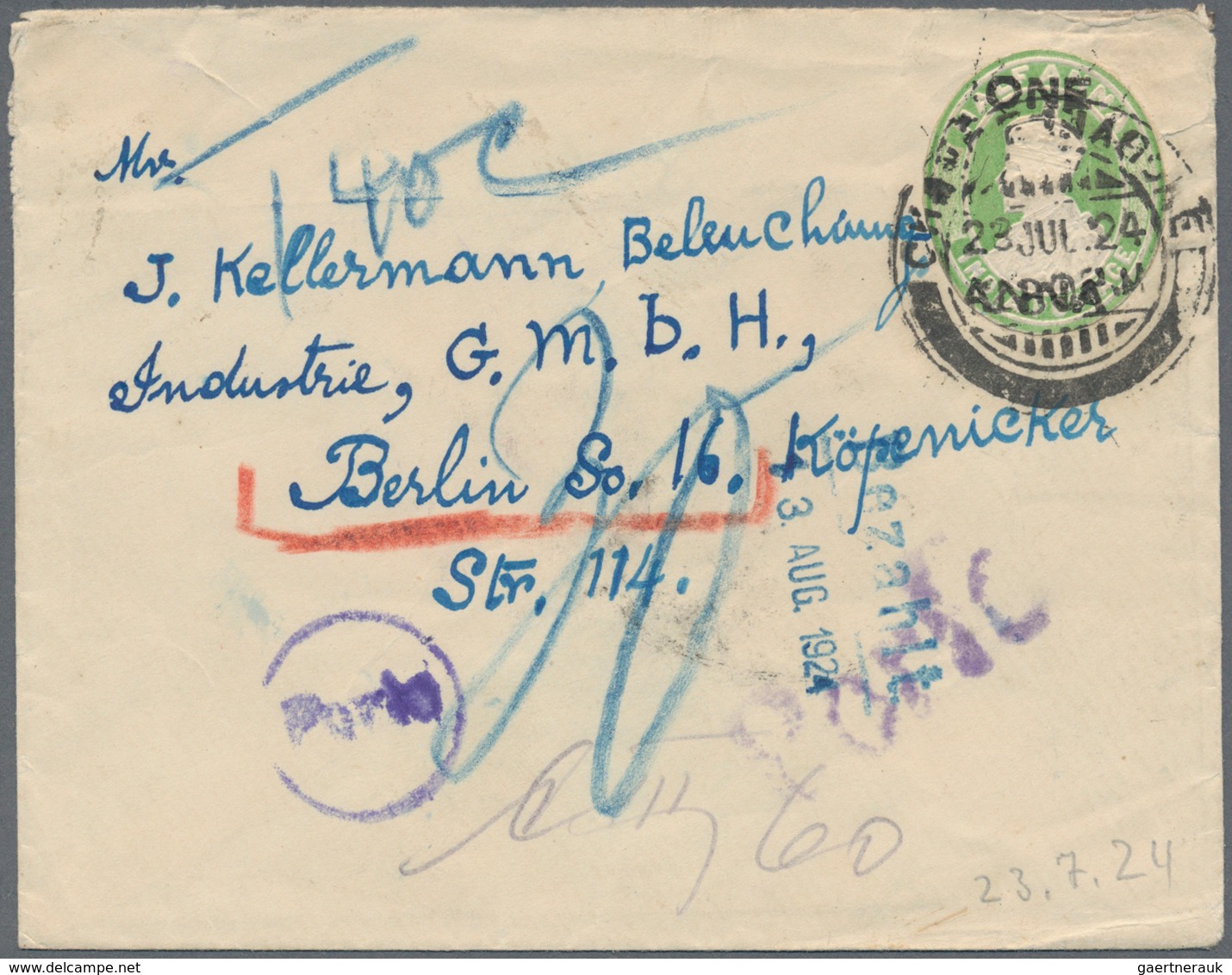 Indien - Used Abroad: FRENCH INDIA 1924: Indian Postal Stationery Envelope KGV. 1a. On ½a. Green Use - Autres & Non Classés