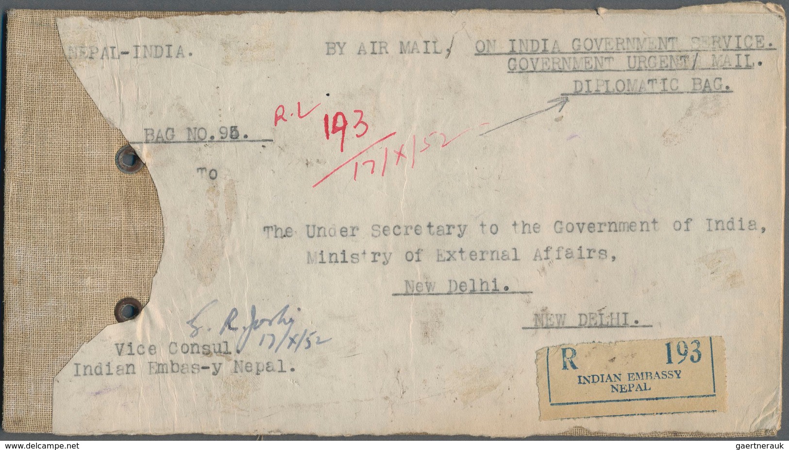 Indien - Used Abroad: NEPAL 1952 Registered Official 'Cover' From The Vice Consul Of The Indian Emba - Sonstige & Ohne Zuordnung