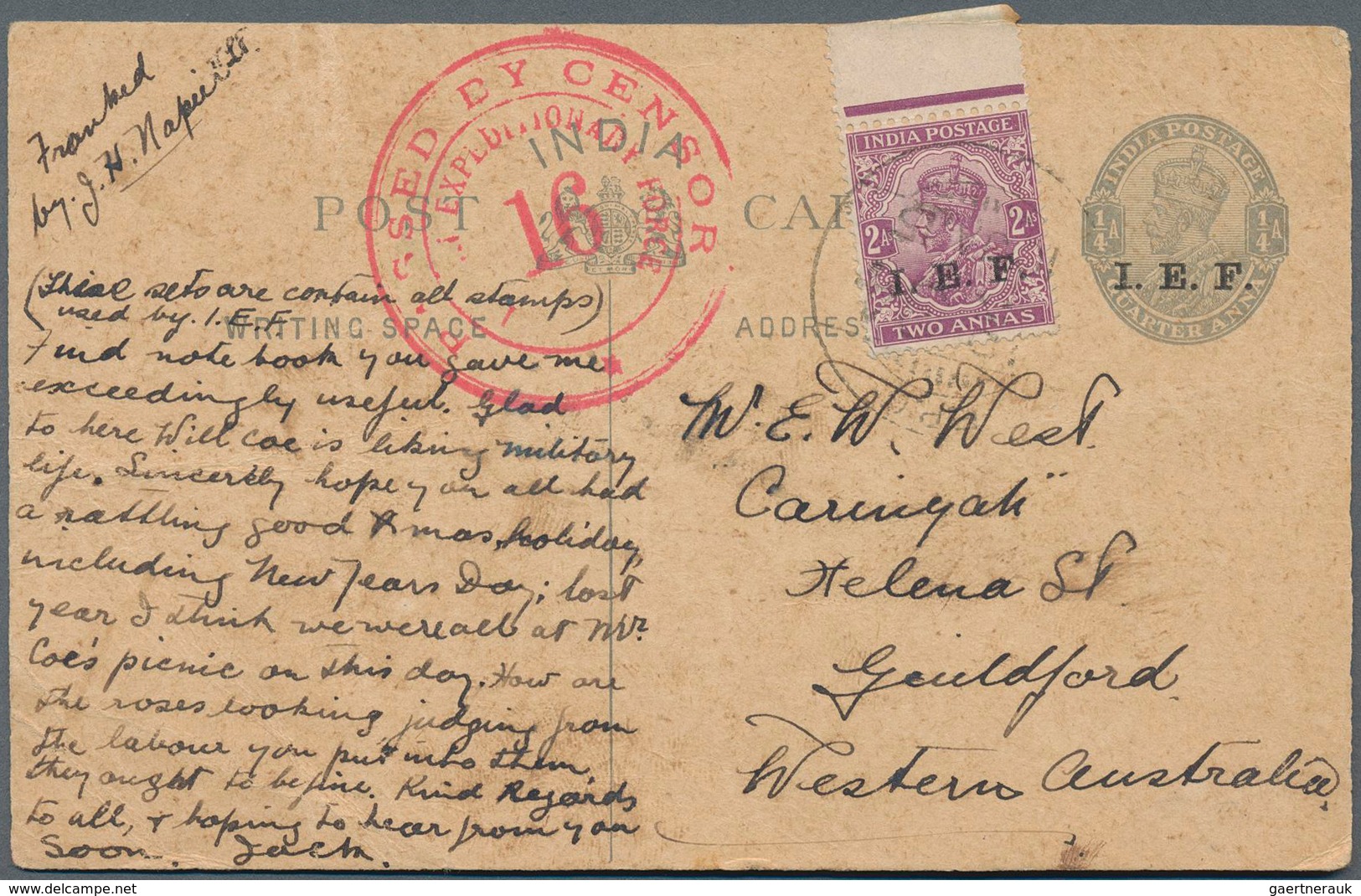 Indien - Feldpost: I.E.F. 1915 (10 Jan), Postal Stationery Card ½a. Grey Uprated Top Marginal 2a. Pu - Franchise Militaire