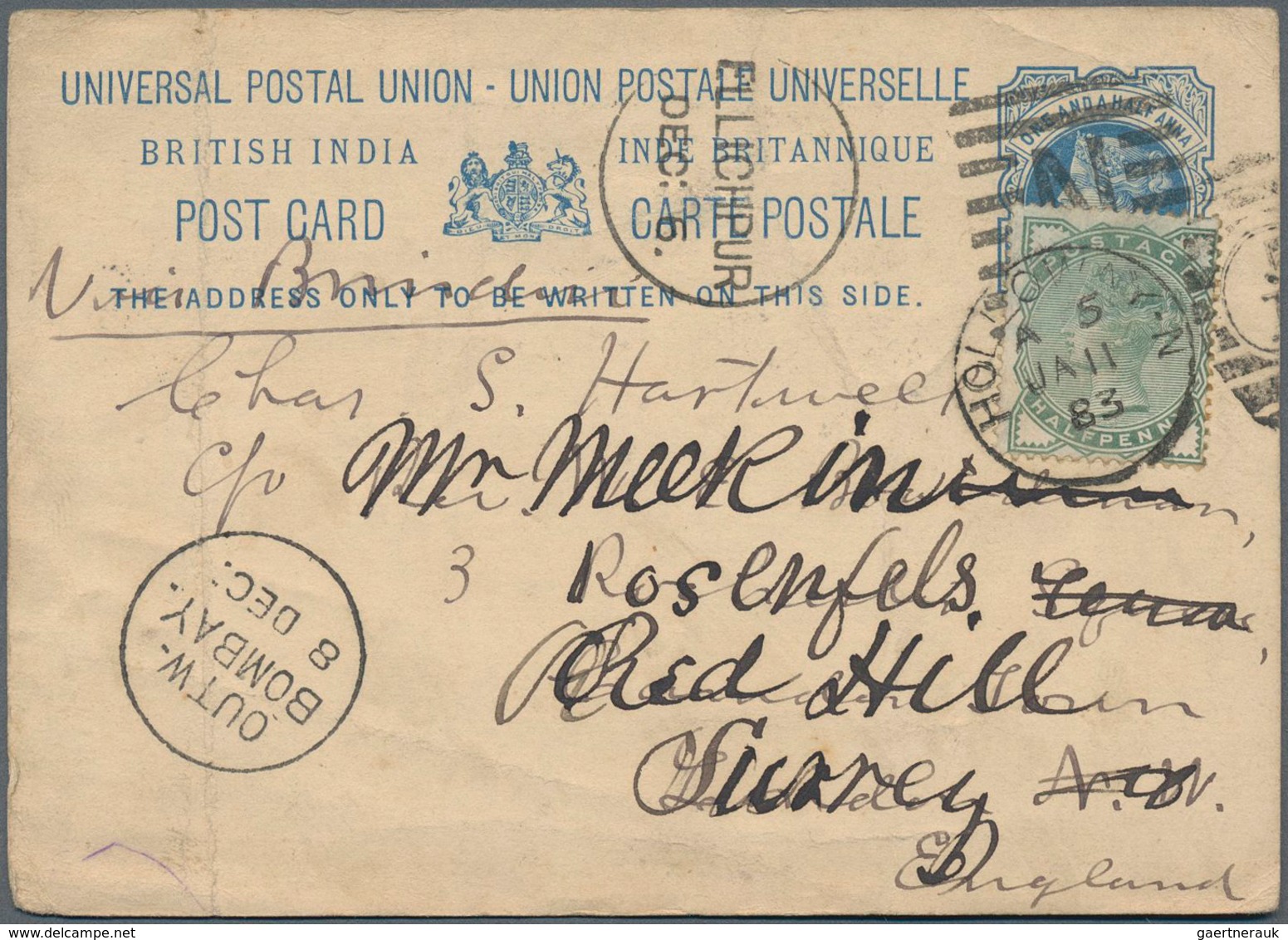 Indien - Ganzsachen: 1882 Postal Stationery Card 1½a. Blue Used From Ellichpur To Holloway, London V - Ohne Zuordnung