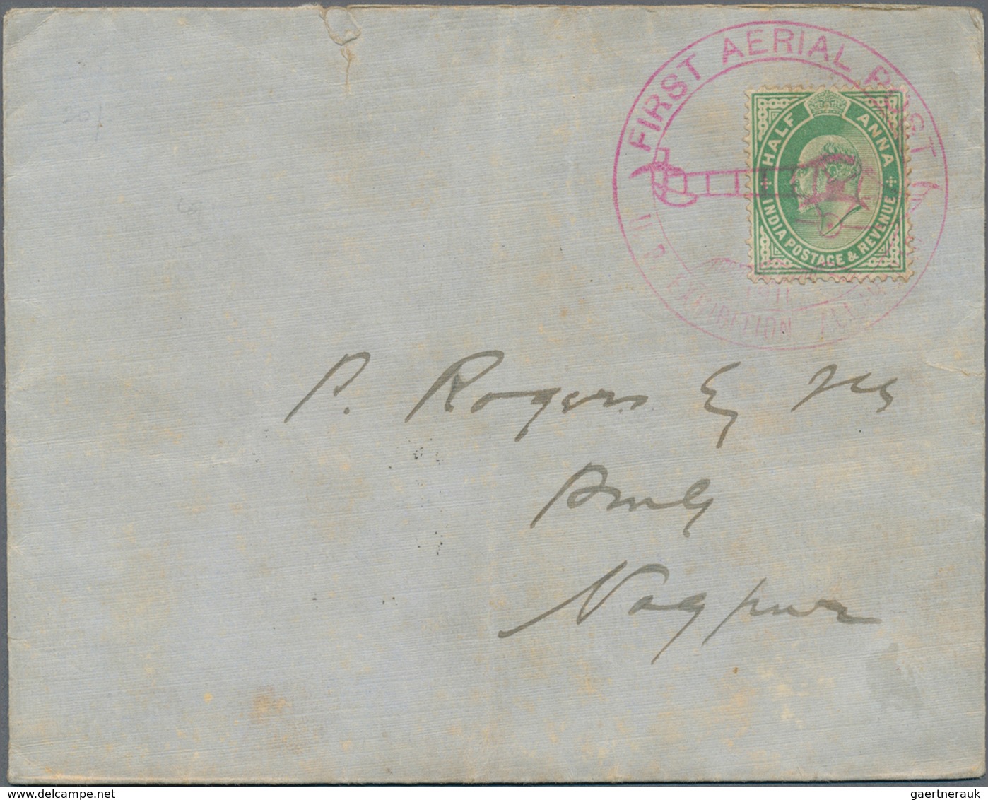 Indien - Flugpost: 1911 First Aerial Post Allahabad-Naini: Cover To Nagpur Franked By KEVII. ½a. Gre - Luchtpost