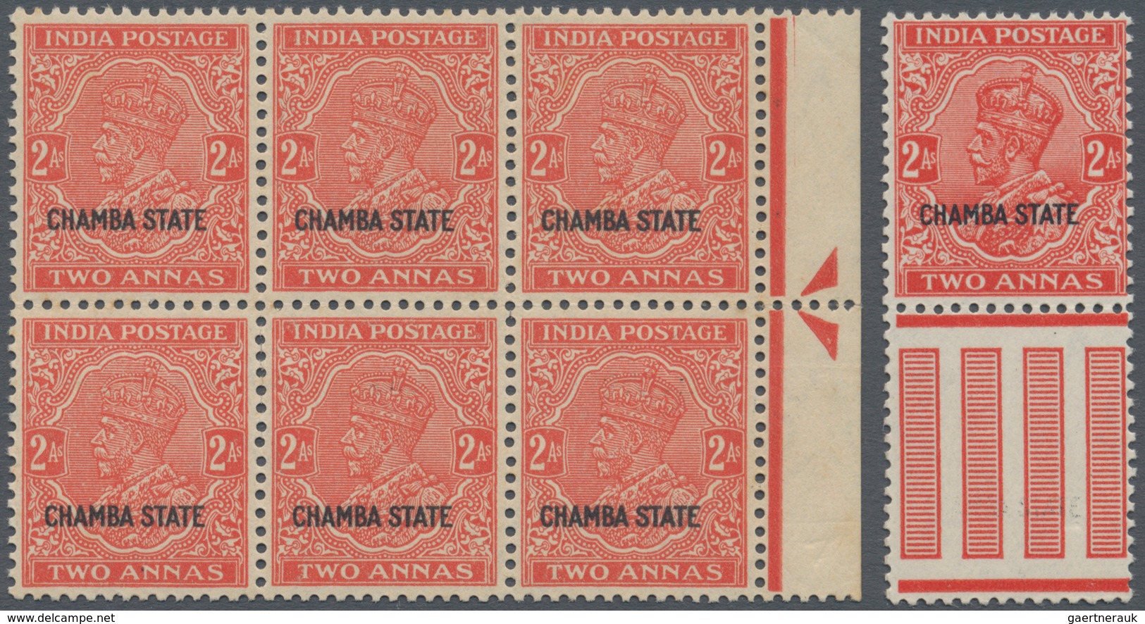 Indien - Konventionalstaaten: CHAMBA 1935, KGV. 2a. Vermilion, Small Die, Marginal Block Of Six, Min - Autres & Non Classés