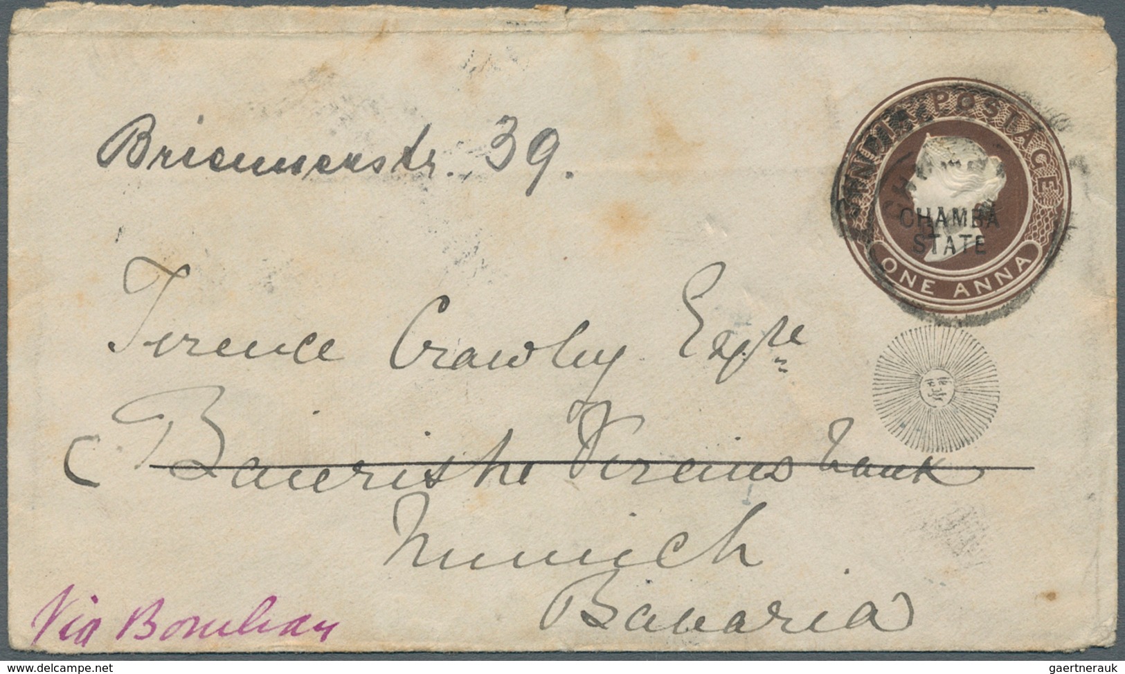 Indien - Konventionalstaaten: CHAMBA 1892, Postal Stationery Envelope 1a. Brown Used To Munich, Bava - Sonstige & Ohne Zuordnung