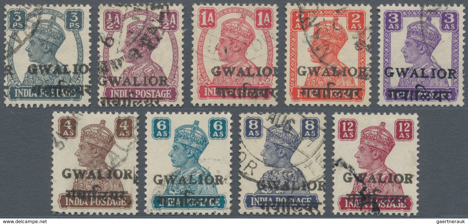 Indien - Konventionalstaaten: GWALIOR 1949, KGVI. Set Of 9, White Background, With Wide Bilingual GW - Autres & Non Classés